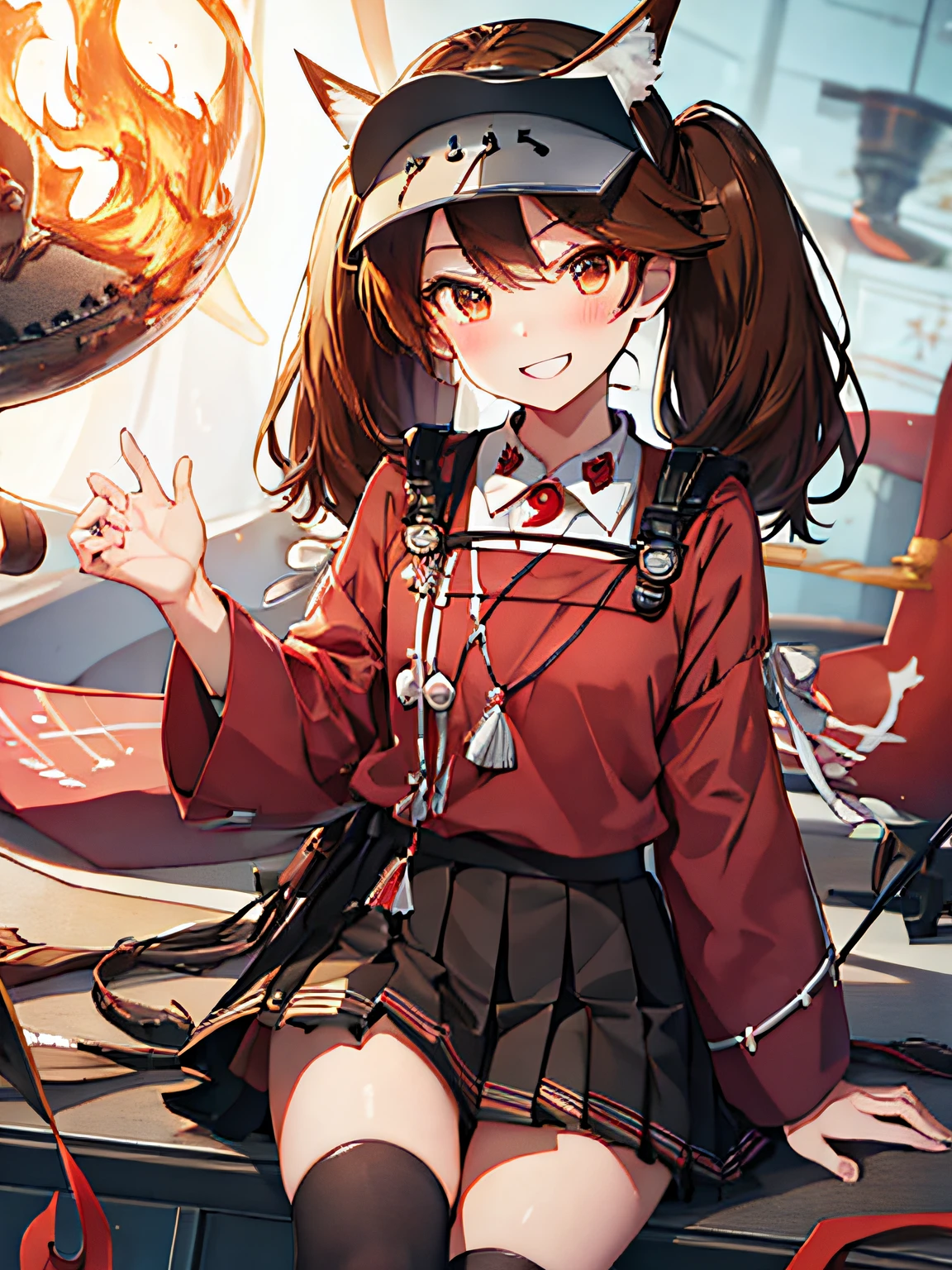 best quality, masterpiece, highres, solo, {ryuujou_kantaicollection:1.15}, brown_hair, twintails, brown_eyes, magatama, visor_cap, kariginu, long_hair, smile, open_mouth, 1girl, japanese_clothes, looking_at_viewer, onmyouji, scroll, shikigami, skirt, grin, pleated_skirt, fire