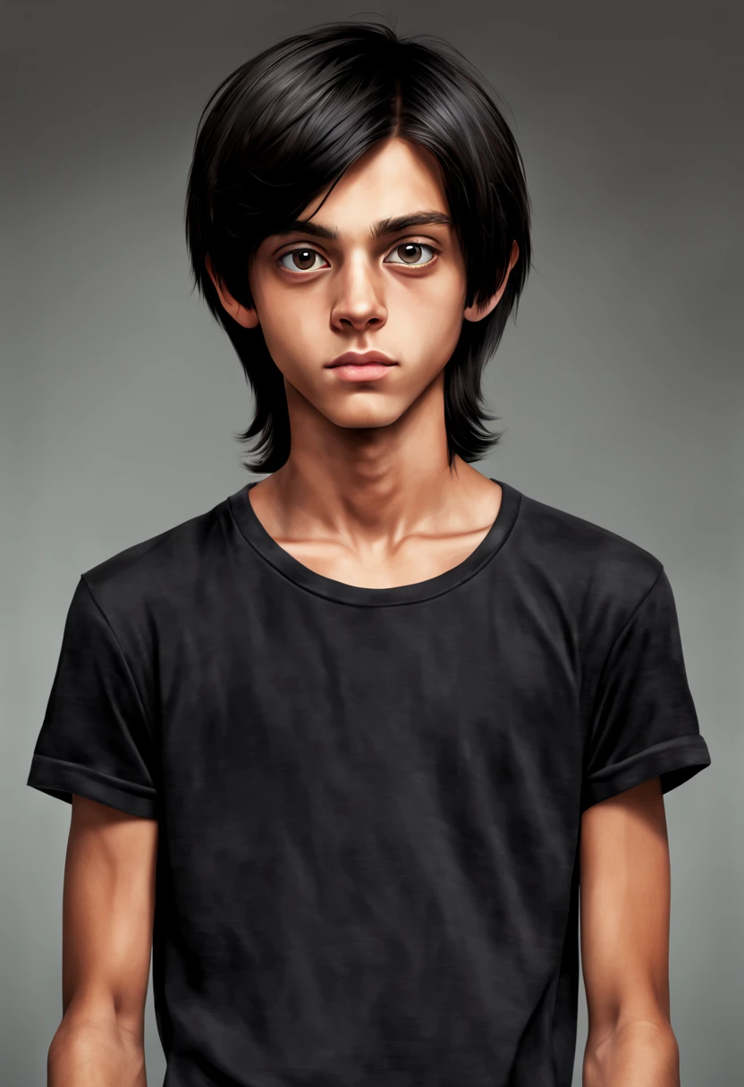 very slim teenage boy, thin face, big eyes, tanned skin, long straight black hair, photorealistic, realistic
