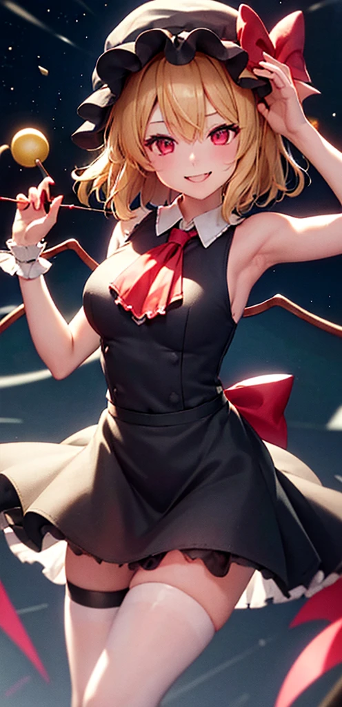 best quality, masterpiece, highres, solo, {night:1.10}, {starry sky:1.10}, beach, beautiful detailed sky, {extremely detailed background:1.20}, {flandre_scarlet_touhou:1.15}, {standing:1.10}, looking at viewer, {bikini:1.30}, blonde_hair, wings, red_eyes, crystal, bangs, hat, one_side_up, ribbon, mob_cap, bow, blush, smile, vest, white_headwear, red_vest, ascot, hair_between_eyes, red_bow, red_ribbon, upper_body, hat_ribbon, yellow_ascot, short_hair, light smile, huge breasts, cleavage, fishnet, goth, black lipstick, fishnet dress, fishnet pantyhose
