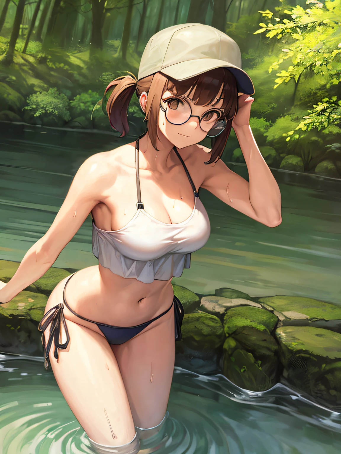 masutepiece, best_quality, 1girl in, Solo, Fiobacterium, Round eyewear, hat, Baseball Cap, The bikini, dense woods, River, playing in the water