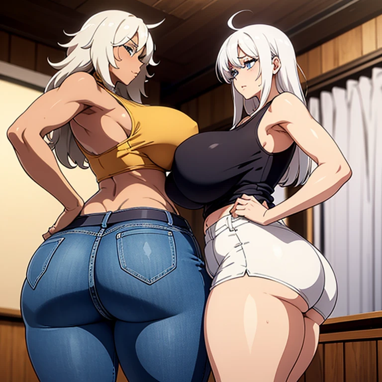 huge breasts, huge ass, big thighs, small waist, white hair, luscious messy hair, tall(adult), tight booty jeans shorts, xl tank top, perky nipples, sweaty, camel toe