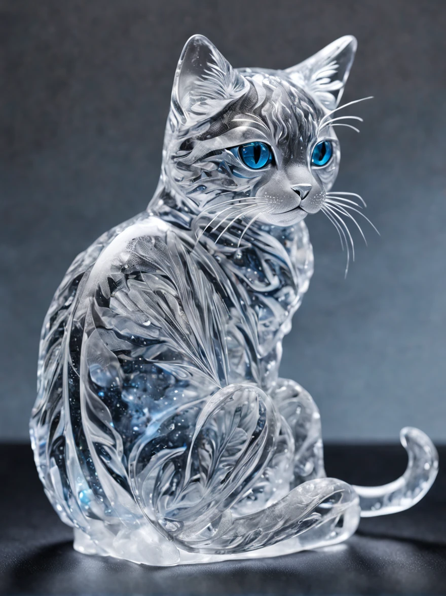 beautiful cat made of ice,,((cleanness)),All transparent, Hyper-realistic, transparent crystal jelly, icy, extremely detailed and lifelike, designs, acrylic, transparent plastic,all displayed , side glance, Intricate details, Beautiful,all displayed, Detailed, Frost,Fantasia,​masterpiece,eyes made of ice,nose made of ice,face made of ice,sitting on,View from the side diagonally