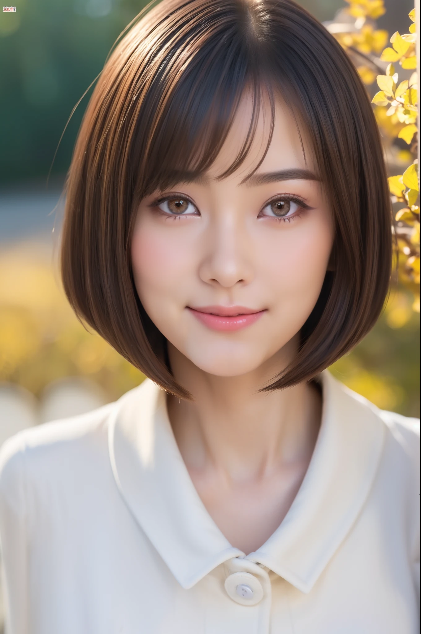 (great masterpiece、top-quality、high-level image quality)、(japanes、Idol actress、Good looks、Mature atmosphere)、(The perfect beautiful girl without complaint)、(Joy of Loving),Very small bust、Fashionable autumn clothes、Light brown bob cut、highlights hair、smil