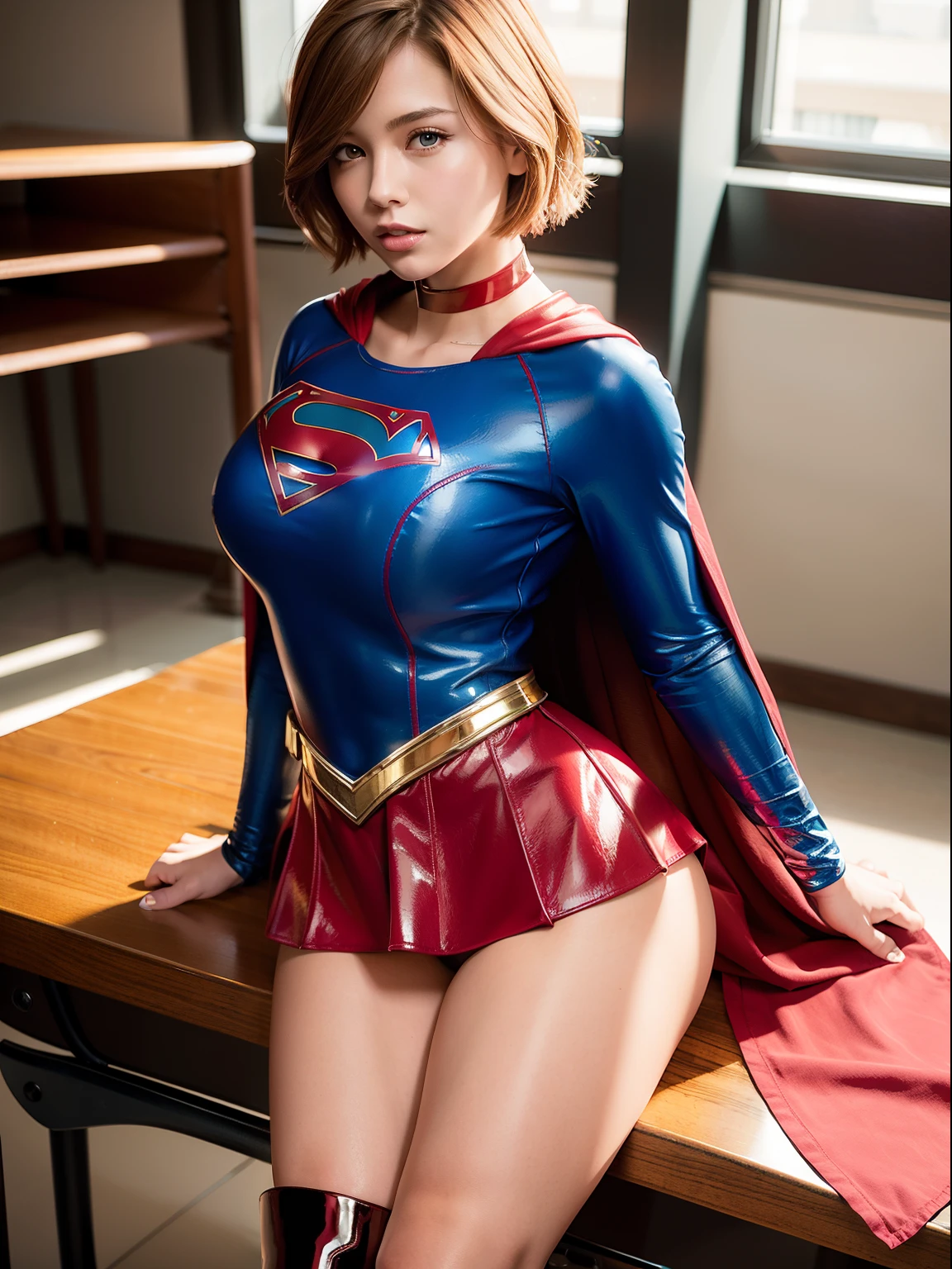 ​masterpiece,Short-haired supergirl sitting on a school desk with her legs spread、large full breasts、Looking at the camera、Glossy enamel costume、Glossy red enamel long boots、Shiny red skirt、a choker、Plump、Fluttering cloak