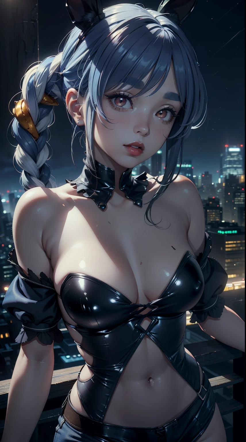 ((masterpiece)),(bestquality),((ultra-detailed)), ((beautiful detailed sky)), ((cinematic lighting)), depth of field, (dynamic angle),detailed lighting,(beautiful detailed eyes), ((night city view)),red lip, eyeshadow,large breast, ((sexy)), cleavage, navel,