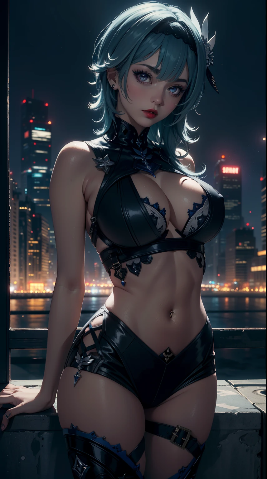 ((masterpiece)),(bestquality),((ultra-detailed)), ((beautiful detailed sky)), ((cinematic lighting)), depth of field, (dynamic angle),detailed lighting,(beautiful detailed eyes), ((night city view)),red lip, eyeshadow,large breast, ((sexy)), cleavage, navel, euladef, eularnd