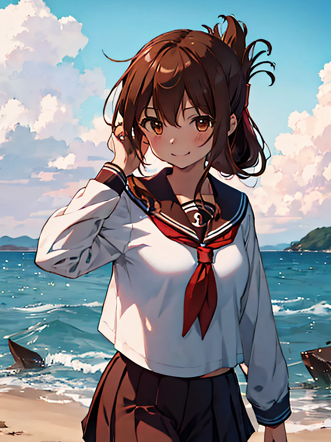 Best Quality, masutepiece, hight resolution, Solo, {Inazuma_Kantai Collection:1.15}, brown_hair, Folded_Ponytail, brown_Eyes, serafuku, long_hair, blush, Open_Mouth, Smile, 1girl in, anchor_symbol, Black_Pants, long_sleeves, up looking_で_viewer, neckerchief, , Red_neckerchief, sailor_Collar, School_uniform,