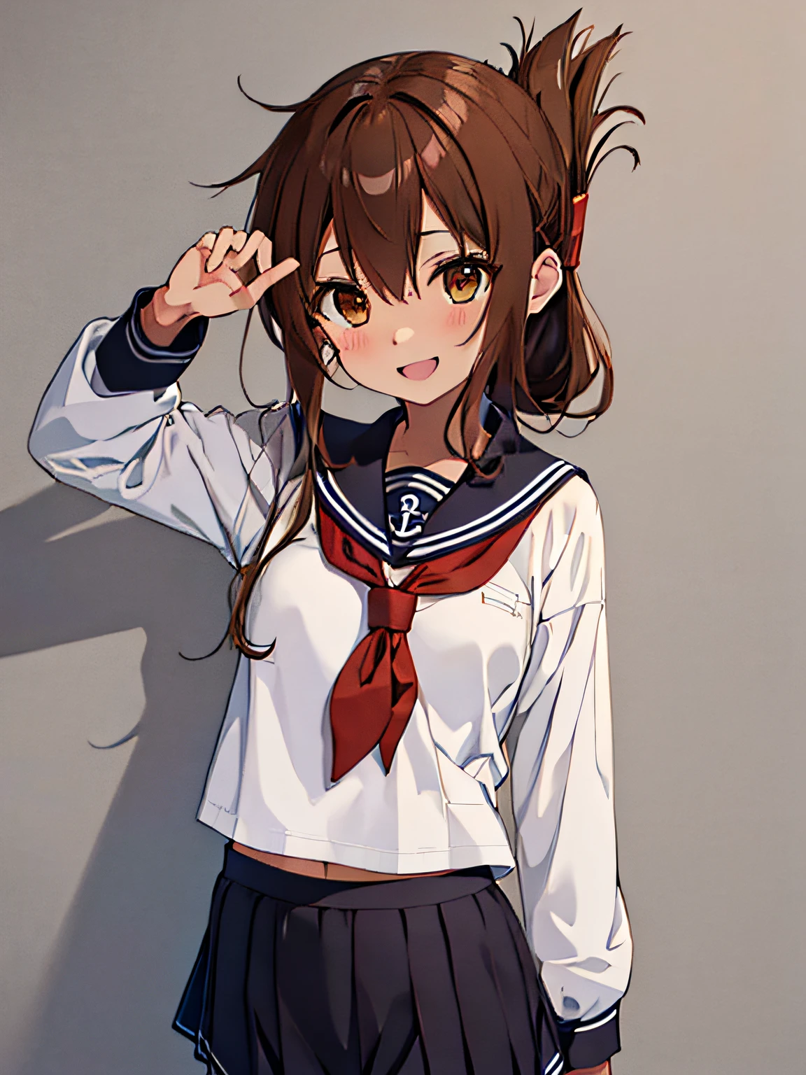 Best Quality, masutepiece, hight resolution, Solo, {Inazuma_Kantai Collection:1.15}, brown_hair, Folded_Ponytail, brown_Eyes, serafuku, long_hair, blush, Open_Mouth, Smile, 1girl in, anchor_symbol, Black_Pants, long_sleeves, up looking_で_viewer, neckerchief, , Red_neckerchief, sailor_Collar, School_uniform,