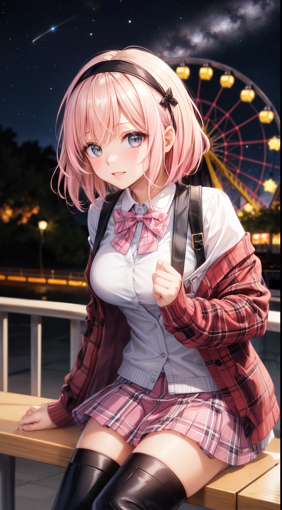 1girl, solo, blonde hair, streaky hair, scene hair, pink streaks, short hair, large breasts, headband, sitting, ferris wheel in background, amusement park, night, starry sky, nebula, holding plushie, tinkle lights, ray tracing, chromic abberation, pink plaid bow tie, pink plaid skirt, black lace trim, black cardigan, sleeves pushed up, pink plaid sleeve cuffs, knee high boots,