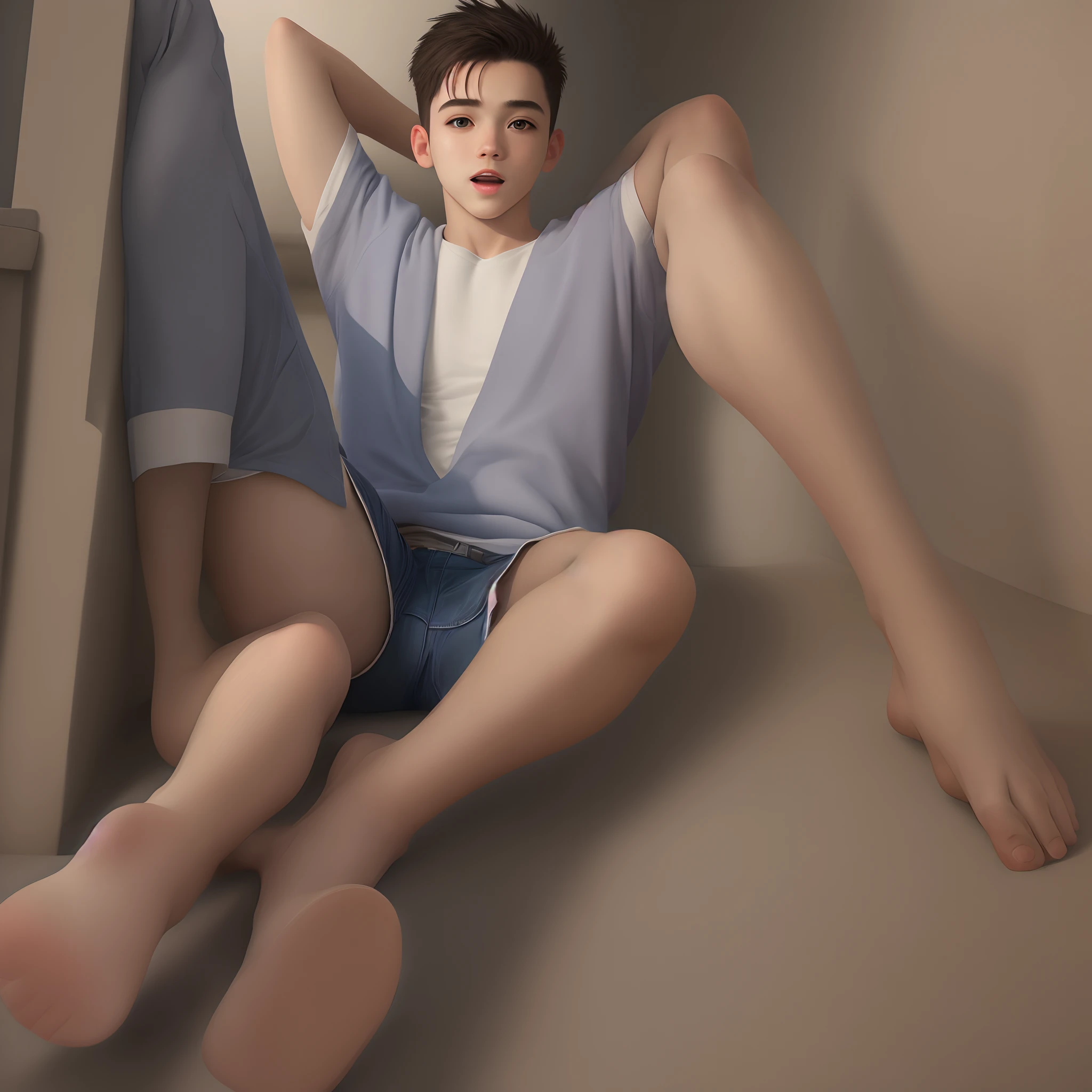 A cute boy with bare upper body, wearing white panties and white socks on his feet facing the screen