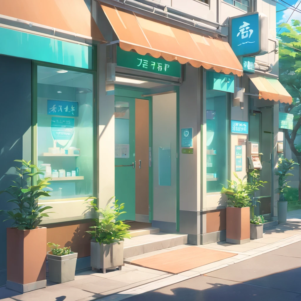 (dentist) ((outside view)) 建筑 Autodoor signboard Planting entrance morning daytime