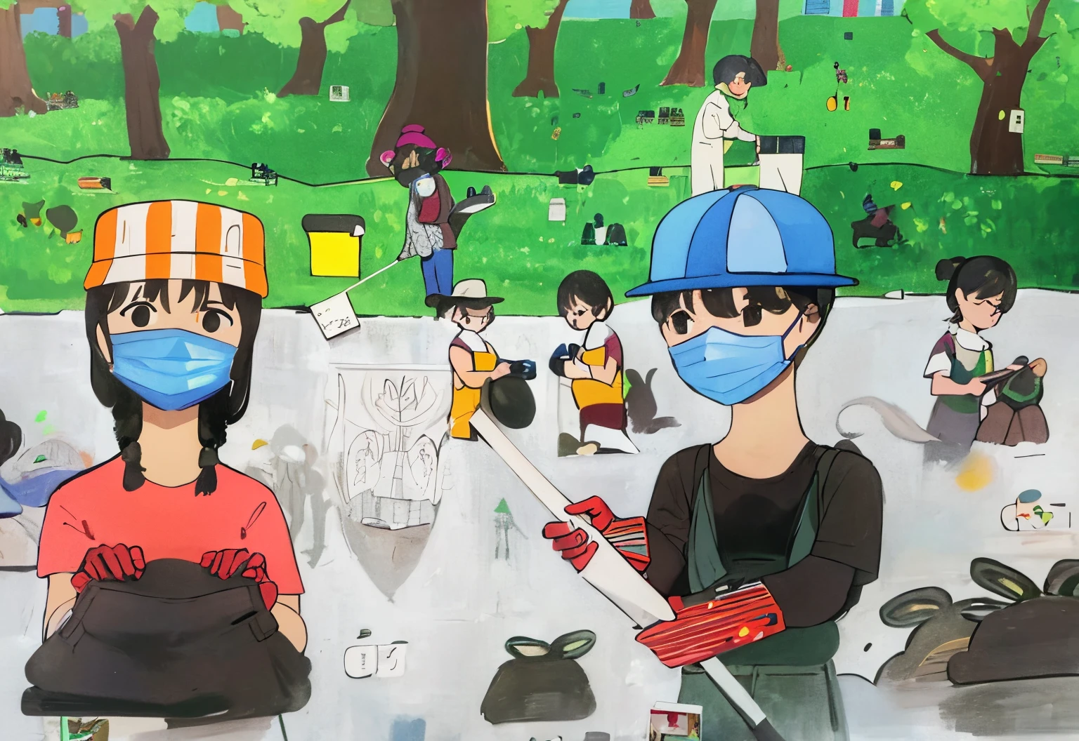 painting of children wearing masks and gloves in a park, 2021 award winning painting, 2 0 2 1 award winning painting, 2 0 2 0 award winning painting, public works mural, winning artwork, collaborative artwork, traditional art, environmental artwork, 64x64, fanart, intermediate art, enviromental portrait, clean environment, art project, collaborative painting