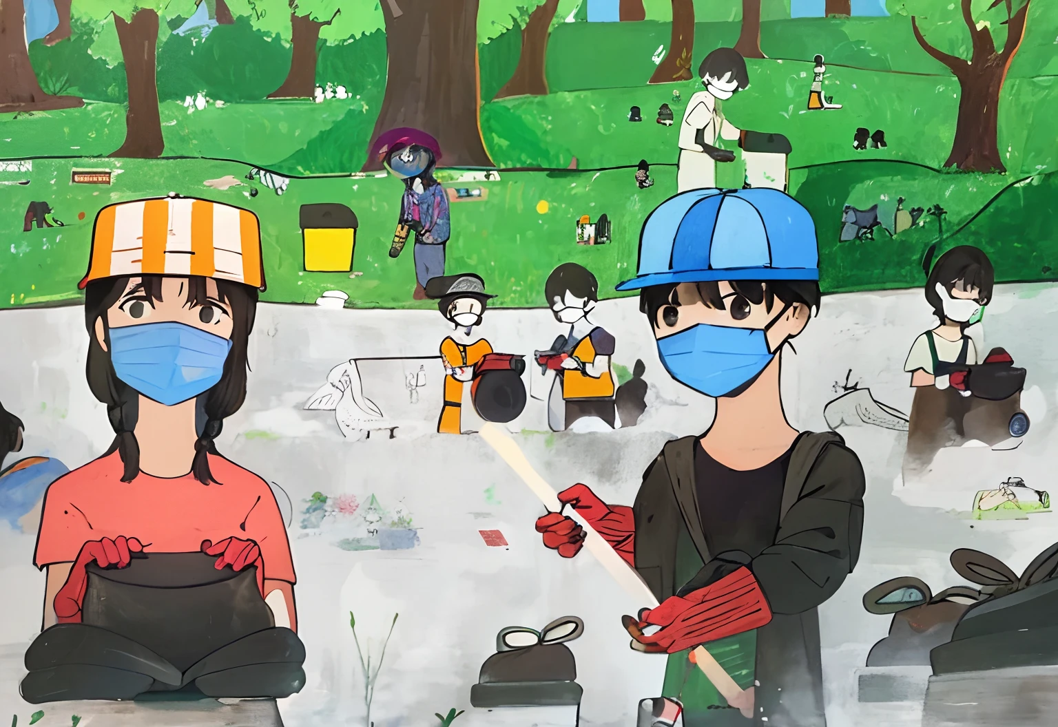 painting of children wearing masks and gloves in a park, 2021 award winning painting, 2 0 2 1 award winning painting, 2 0 2 0 award winning painting, public works mural, winning artwork, collaborative artwork, traditional art, environmental artwork, 64x64, fanart, intermediate art, enviromental portrait, clean environment, art project, collaborative painting