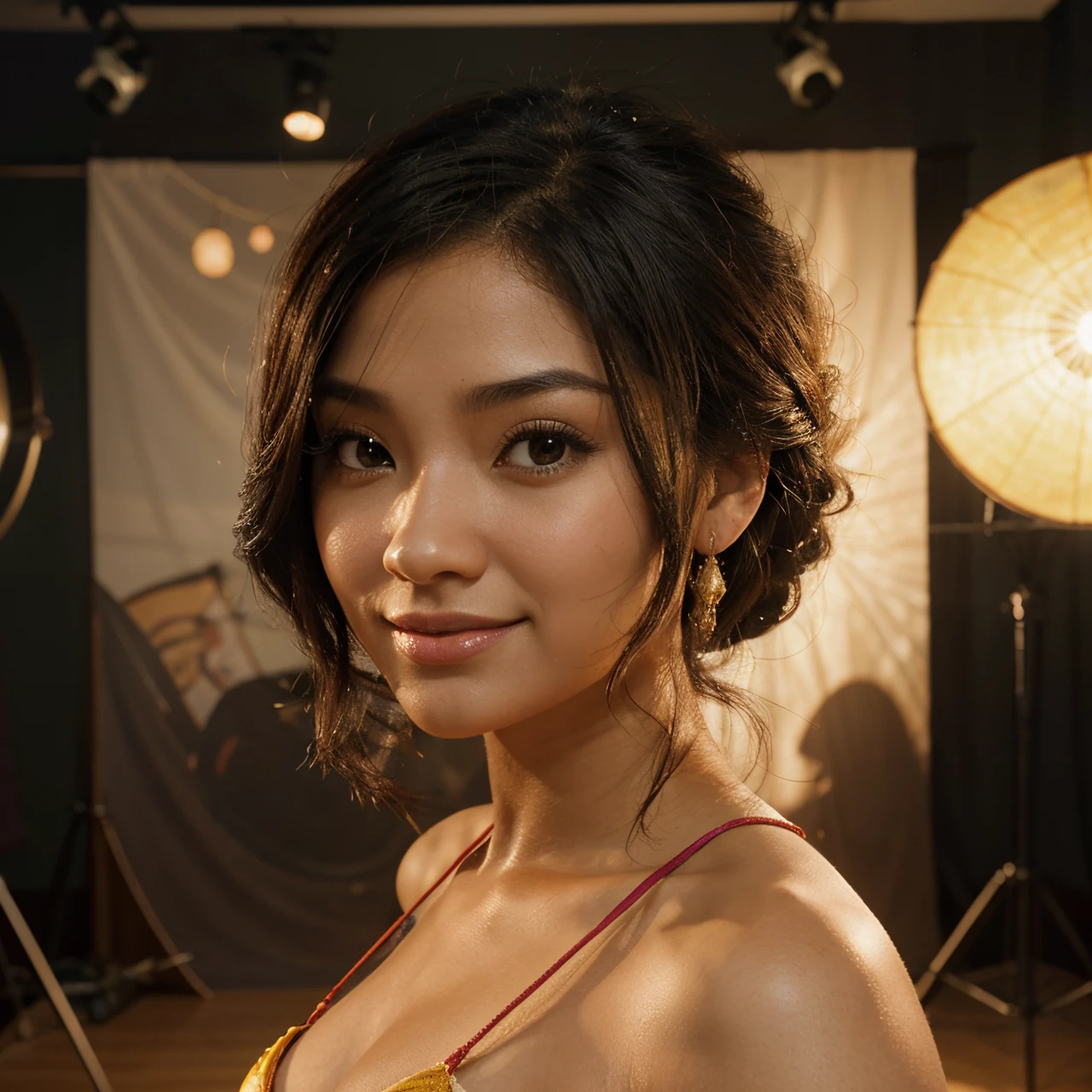 Imagem estilo Pixar com personagem 3D oriental morena mulher cabelo liso longo, usando um coque, Taking photos in a studio, Maquiagem Disney, Pescador, fofo, sorridente, Close-up, Pixar, Disney, Cinema lighting,