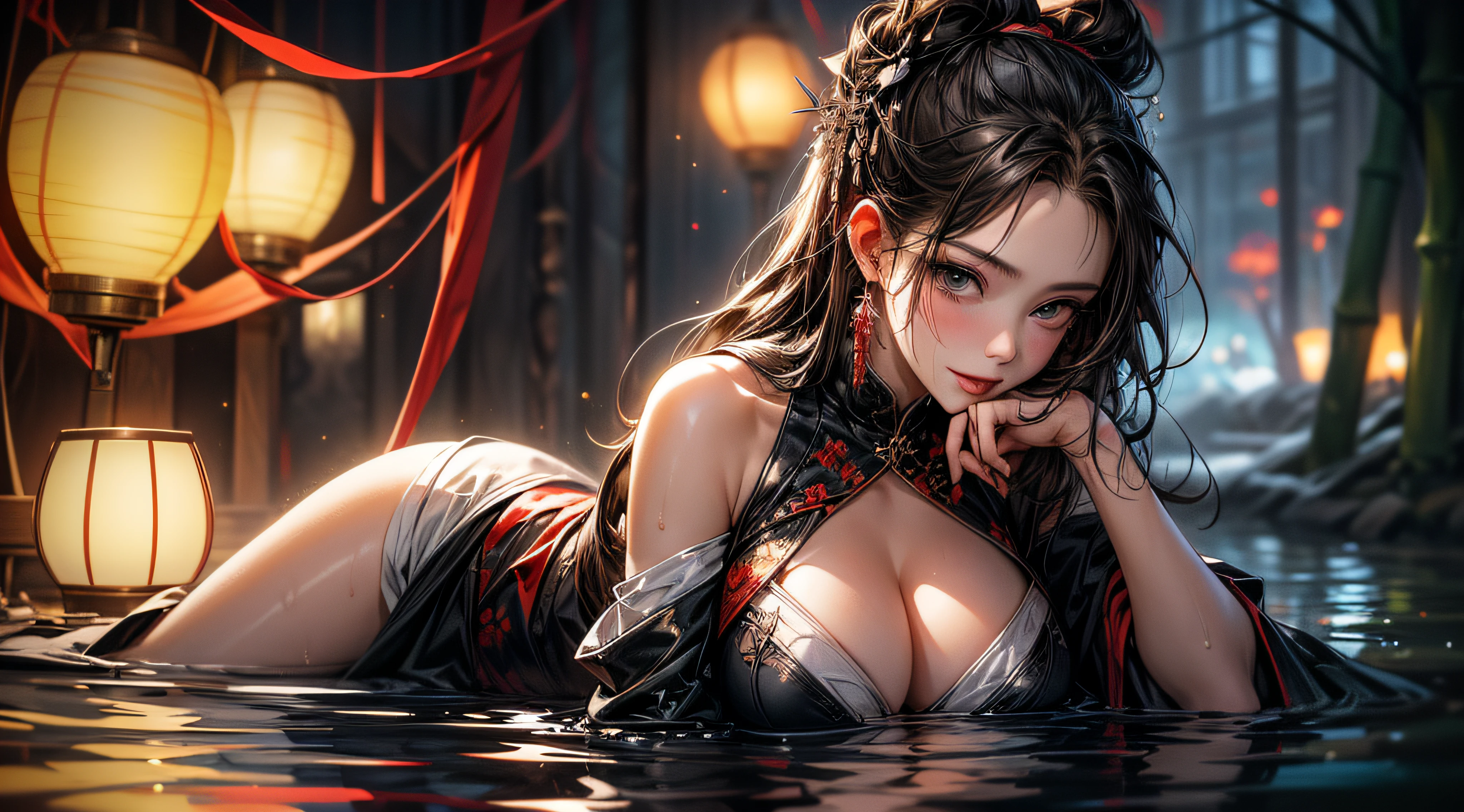 (((8k wallpaper of extremely detailed CG unit, masterpiece, 超A high resolution:1.2, top-quality:1.2, masutepiece, textures and maximum detail))), ((extremely beautiful lady, seductively smiling, A dark-haired, Sexy white kimono with red obi)), ((extremely detailed beautiful face, Highly detailed black eyes, Very beautiful body, Top quality real texture skins)), (wetted skin, Exposed cleavage, Exposed shoulders and legs), The best lighting, 细致背景, paper lanterns:1.2, Eau, playing in the water, florals, natta:1.2, bamboo forrest, Water surface reflection:1.2, hyper realisitic, digitial painting,
