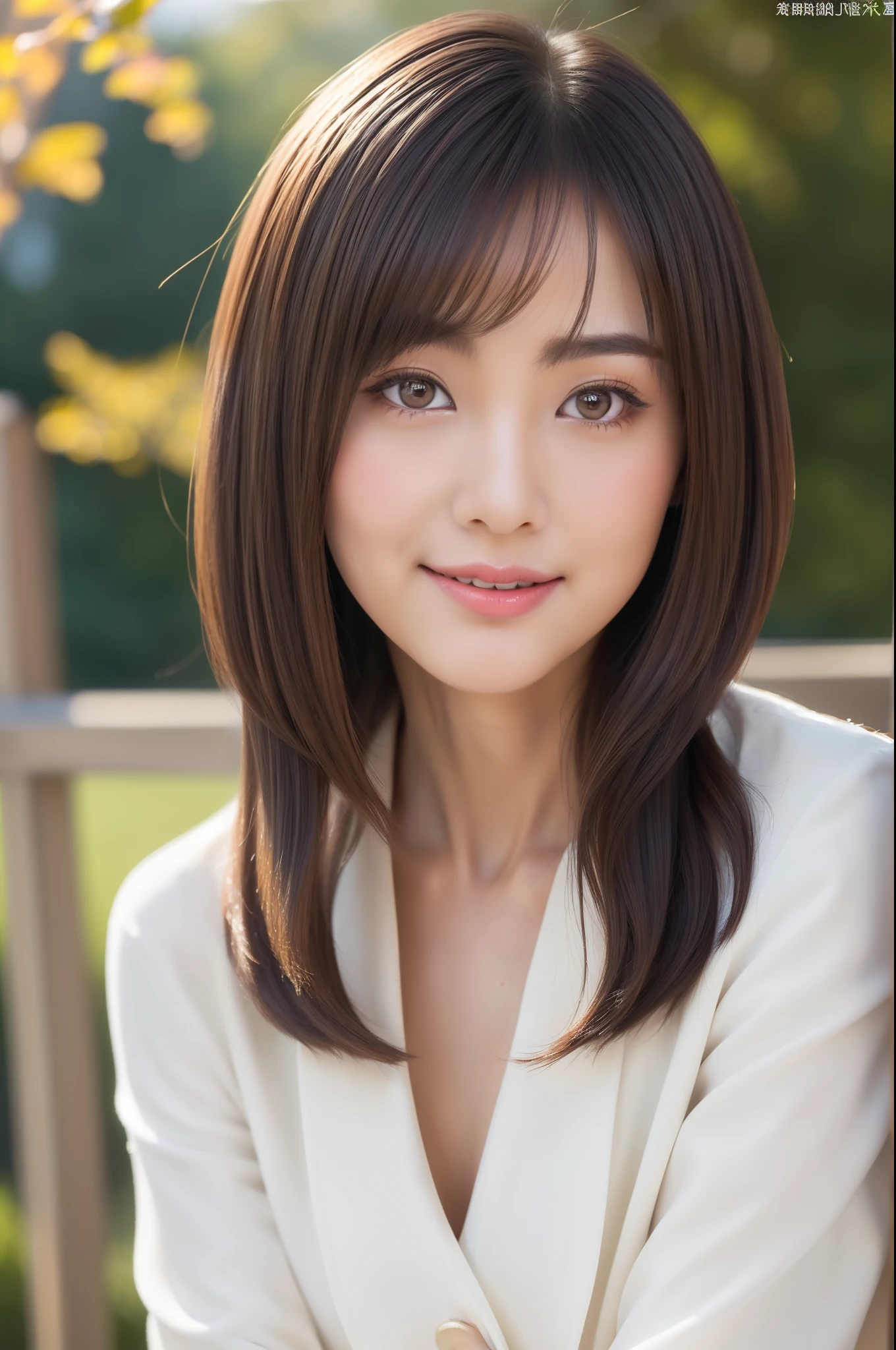 (great masterpiece、top-quality、high-level image quality)、(japanes、Idol actress、Good looks、Mature atmosphere)、(The perfect beautiful girl without complaint)、(Joy of Loving),Very small bust、Fashionable autumn clothes、Light brown bob cut、highlights hair、smil