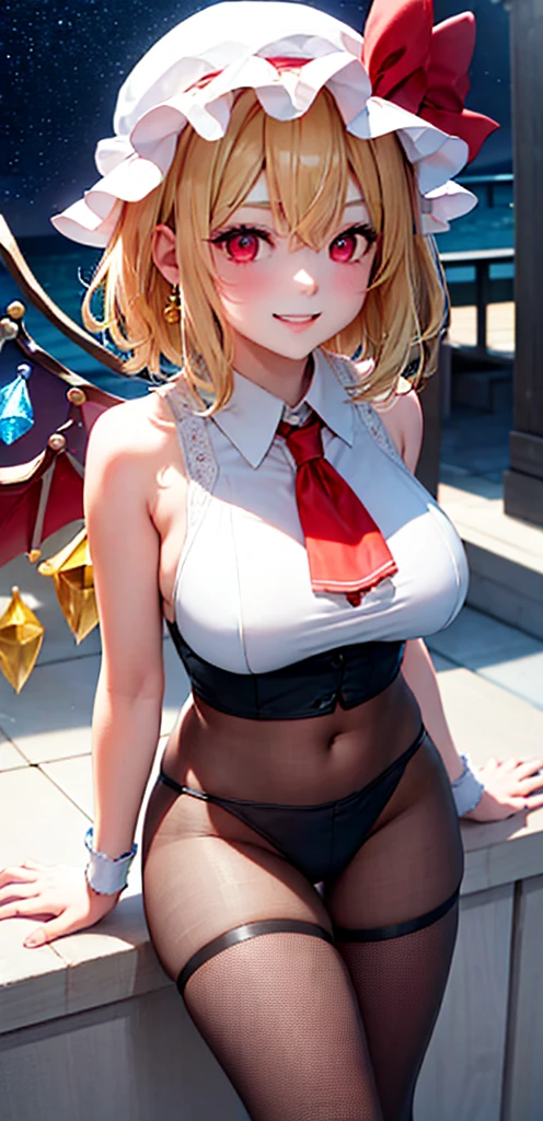 best quality, masterpiece, highres, solo, {night:1.10}, {starry sky:1.10}, beach, beautiful detailed sky, {extremely detailed background:1.20}, {flandre_scarlet_touhou:1.15}, {standing:1.10}, looking at viewer, {bikini:1.30}, blonde_hair, wings, red_eyes, crystal, bangs, hat, one_side_up, ribbon, mob_cap, bow, blush, smile, vest, white_headwear, red_vest, ascot, hair_between_eyes, red_bow, red_ribbon, upper_body, hat_ribbon, yellow_ascot, short_hair, light smile, huge breasts, cleavage, fishnet, goth, black lipstick, fishnet dress, fishnet pantyhose