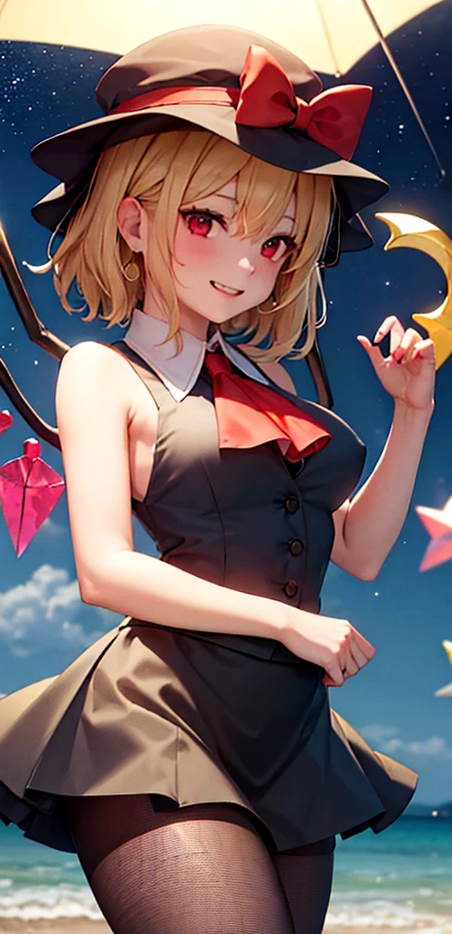 best quality, masterpiece, highres, solo, {night:1.10}, {starry sky:1.10}, beach, beautiful detailed sky, {extremely detailed background:1.20}, {flandre_scarlet_touhou:1.15}, {standing:1.10}, looking at viewer, {bikini:1.30}, blonde_hair, wings, red_eyes, crystal, bangs, hat, one_side_up, ribbon, mob_cap, bow, blush, smile, vest, white_headwear, red_vest, ascot, hair_between_eyes, red_bow, red_ribbon, upper_body, hat_ribbon, yellow_ascot, short_hair, light smile, huge breasts, cleavage, fishnet, goth, black lipstick, fishnet dress, fishnet pantyhose, evil, muscular arms, muscular midriff, abs, muscular thighs, sixpack