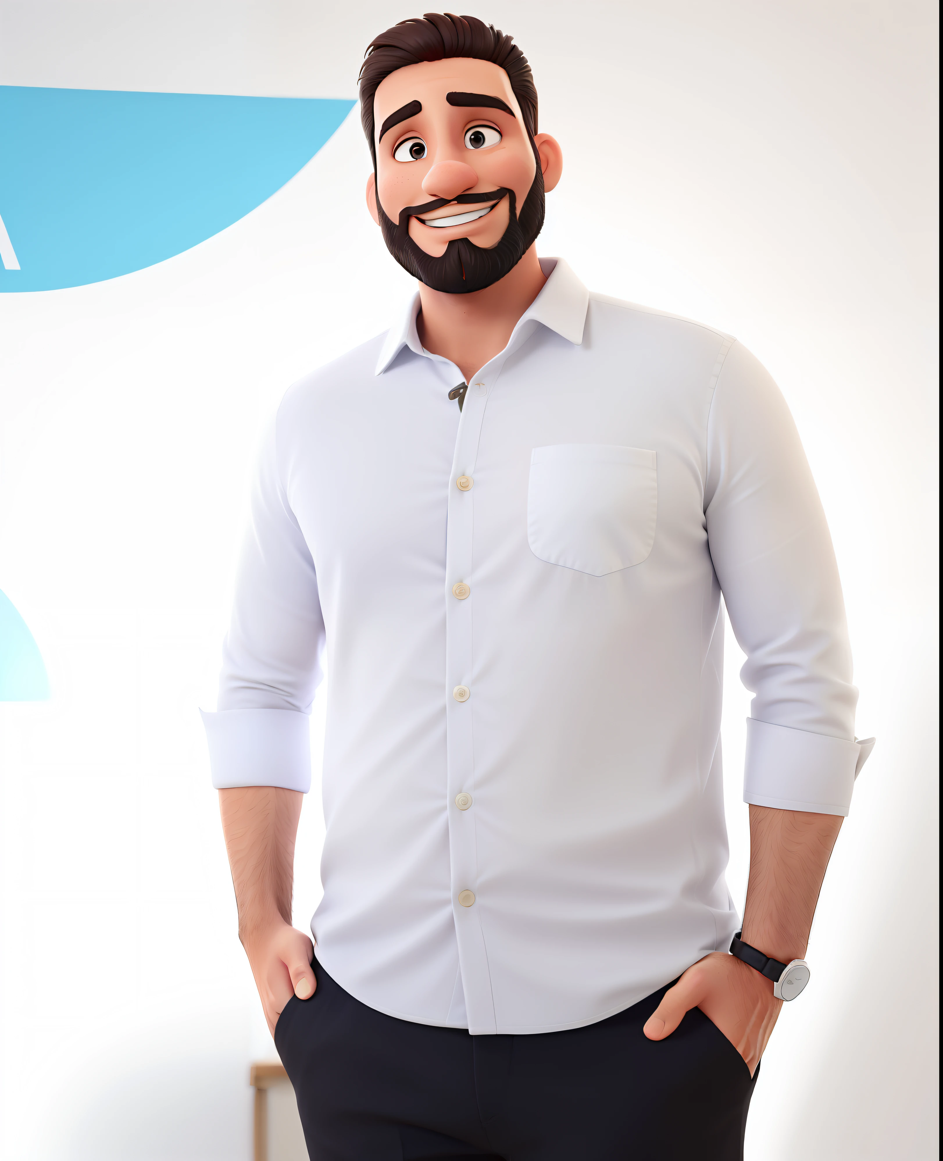 Um homem de 35 anos cabelo curto castanho olhos castanhos e barba media castanha sorrindo tem uns 90 kg meio forte