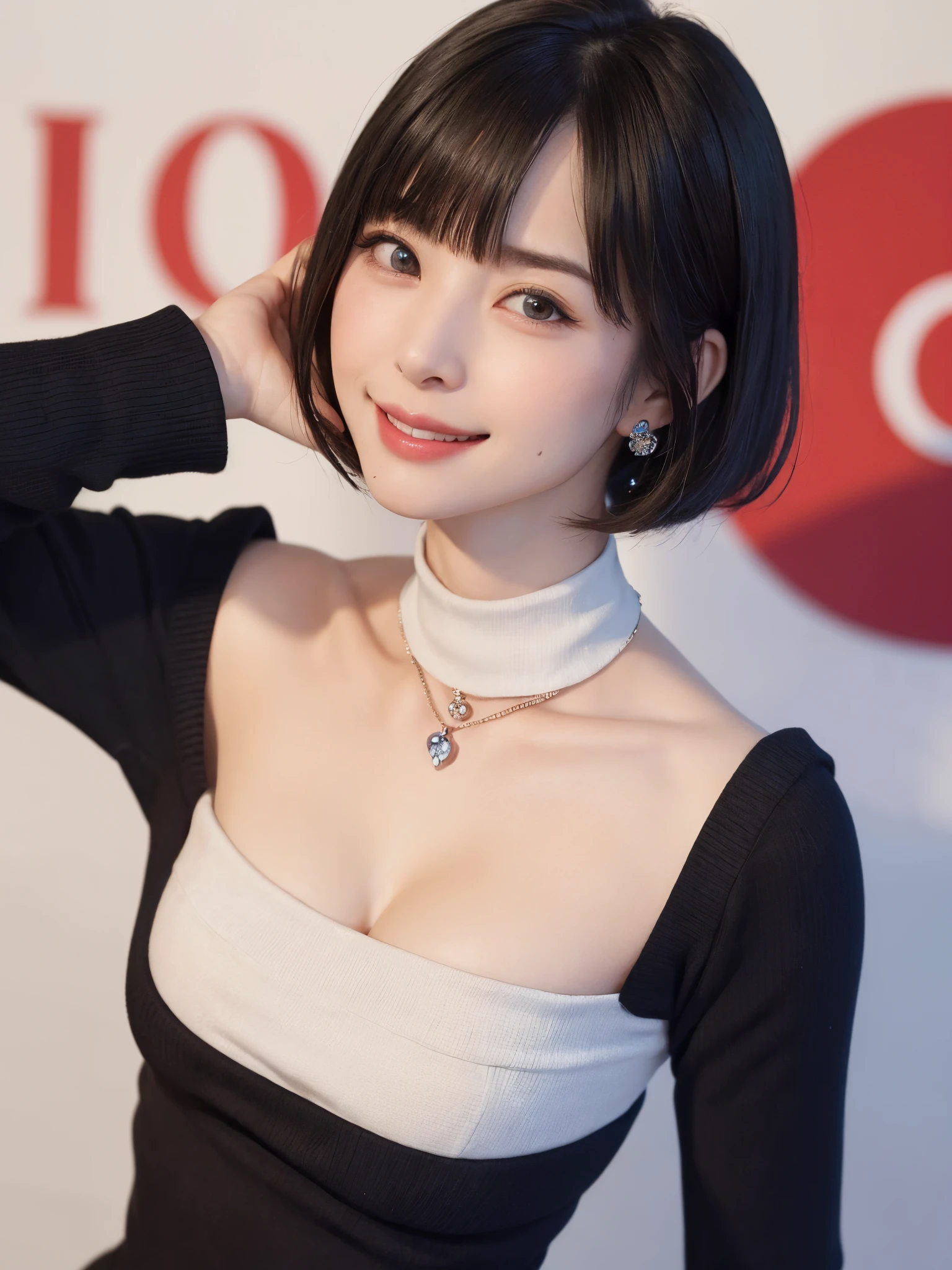 (masutepiece, top-quality、Very attractive adult beauty、Add intense highlights to the eyes、Look firmly at the camera:1.4、Beautiful woman full of adult charm、Ideal ratio body proportions、Perfect Anatomy、Brunette Short Bob Hair、Lustrous hair、lipgloss),1girl in, 独奏, Light brown shiny hair, muffler,realisitic, looking at the viewers、Tilt your head slightly, Bright colored crystal light blue eyes, short shiny hair、 White turtleneck outfit with a hole in the center of the chest,Sexy white turtleneck knit sweater with a round hole in the middle of the chest、 s lips, lipgloss，bangss, The upper part of the body、big eye、Lashes、The face is a little red、Embarrassing)、((Road system in Italy in winter))、((Shorthair with bangs、big eye、Put very strong highlights in your students、{Gigantic|Big|Huge|Mega} breasts:1.4、very Bigger breasts、gazing at viewer、Very beautiful beauty、Put your ears out、long neck、little smiling、Beautiful teeth、Open your mouth and smile、Heart-shaped pupil))、28 year old、Very cute supermodel、