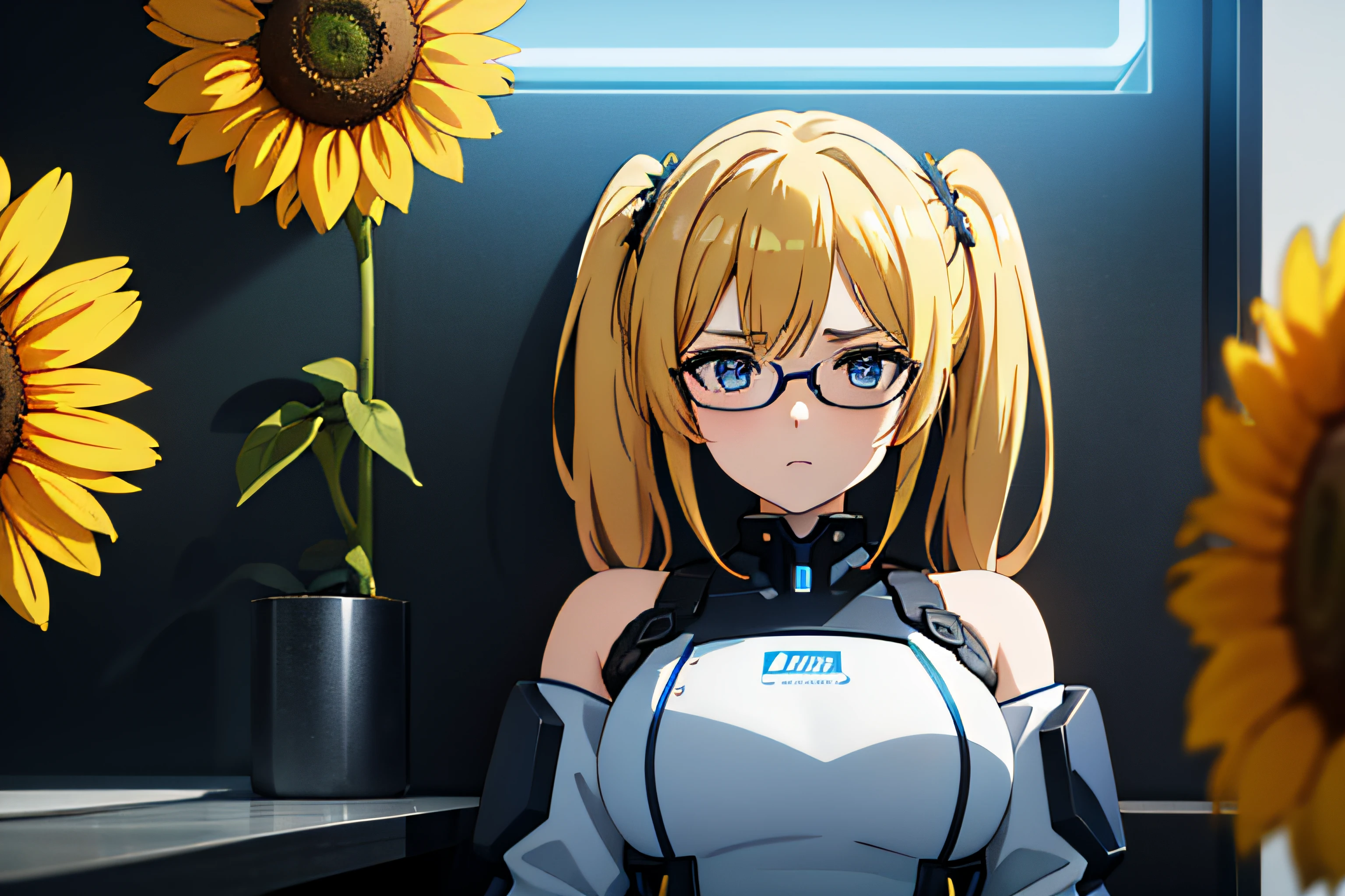 a girl with blonde hair styled in two side ponytails gracefully resting on her shoulders. She wears round glasses that accentuate her captivating blue eyes, all set within a cyberpunk-inspired environment. Picture this character amidst a field of sunflowers, where the vibrant yellow blooms starkly contrast with the futuristic cybernetic backdrop. The fusion of innocent charm, cyberpunk aesthetics, and the added detail of sunflower blooms creates a visually compelling and harmonious scene.