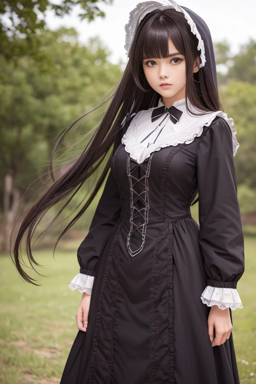 (8K, RAW shot, Highest Quality, masutepiece), High Definition RAW Color Pro Photos, (Realistic, Photorealism:1.37), (Highest Quality), (Highest shadow), (The best illustrations), (reality: 1.2), Distant view, (intricate-detail), 1 person, femele, 20yr old, Mysterious Beautiful Girl, Perfect Anatomy, Perfect proportions, Perfect face, Bright face, Facial details, Serious face, dark brown hair, Long straight hair, Parted bangs, hair blowing in wind,Classic Lolita Costume, Full body portrait, full body Esbian,