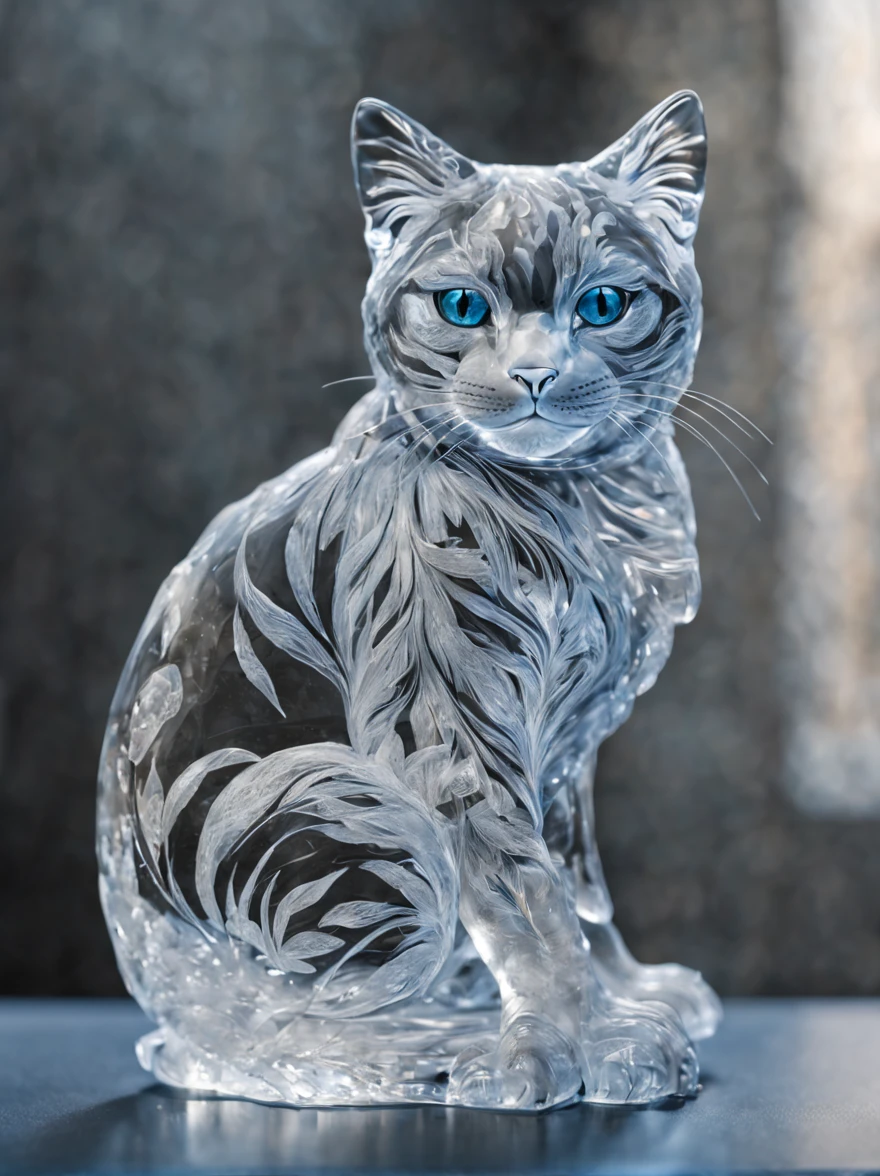 beautiful cat made of ice,,((All transparent),, Hyper-realistic, transparent crystal jelly, icy, extremely detailed and lifelike, designs, acrylic, transparent plastic,all displayed , side glance, Intricate details, Beautiful,all displayed, Detailed, Frost,Fantasia,​masterpiece,eyes made of ice,nose made of ice,face made of ice,sitting on,Oblique side view
