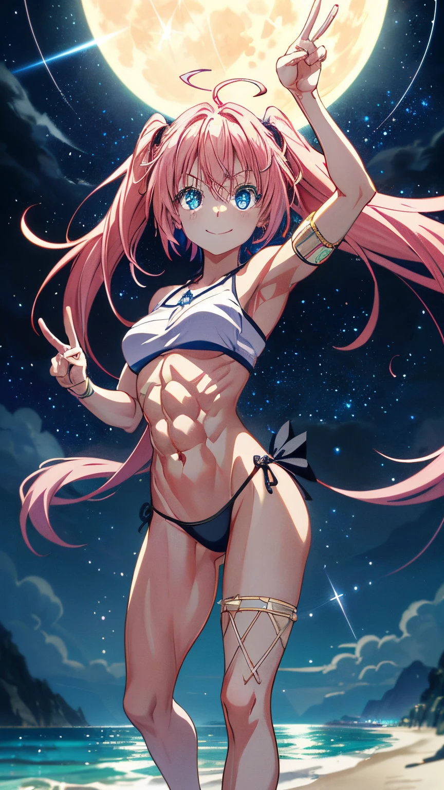 ((female)), (mischievous smile), showing teeth, dams, ((ripped abs)), toned arms and legs, medium breasts, excessive sweating, (((on the beach at night with starry sky and full moon in the sky ))), (((Bright blue eyes))), barefoot, ((( doing the peace pose))), ((wearing only a thong)), Double tails, pink hair, long hair, shiny hair, (full body shot), (standing), eye reflection, glowing eyes, anime, anime style, cinematic lighting, motion blur, glare, JPEG artifacts, glowing light, god rays, ray tracing, reflection light , backlighting, drop shadow, panorama, Sony FE, Udisk, master piece, ccurate, anatomically correct, best quality, Super Detail, High, hard disk, 16k