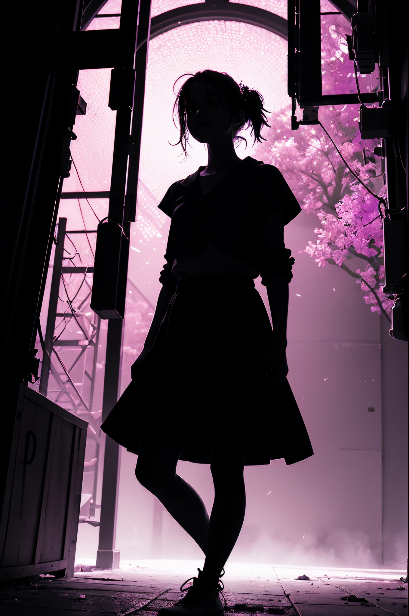 (silhouette:1.25),1girl,dark background,blacklight,mid shot,full body,somber expression,looking down,dark energy,vibrant magenta,portal to another world,flat color,flat shading,ultra realistic,highres,superb,8k wallpaper,extremely detailed,intricate,limited palette,pink,