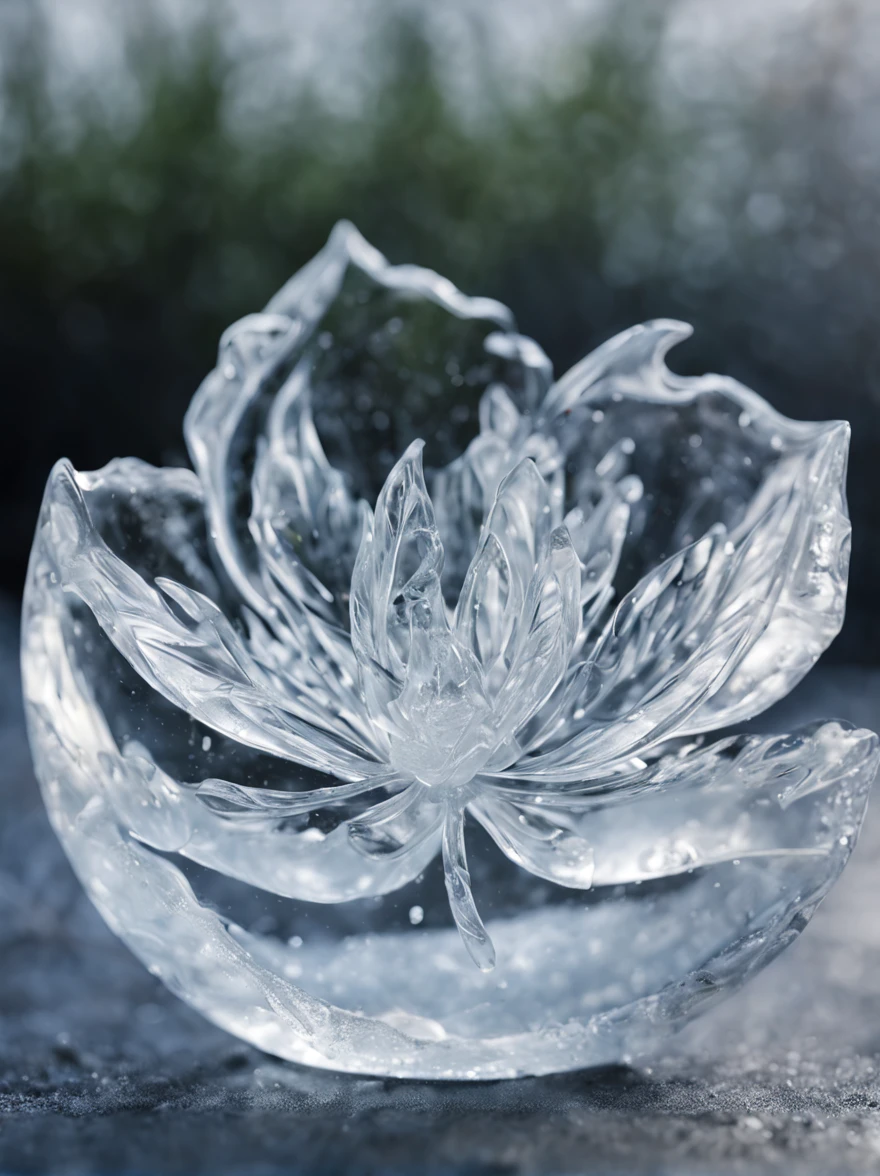 transparent flower made of ice,all the ice,,((cleanness)), Beautiful fece,photoRealstic, transparent crystal jelly, icy, extremely detailed and lifelike,  Design, acrylic, transparent plastic,all displayed , side glance, Intricate details, Beautiful,((cleanness)),,optic, all displayed, Detailed, Frost,Fantasia,​masterpiece,petals made of ice,leaves made of ice,