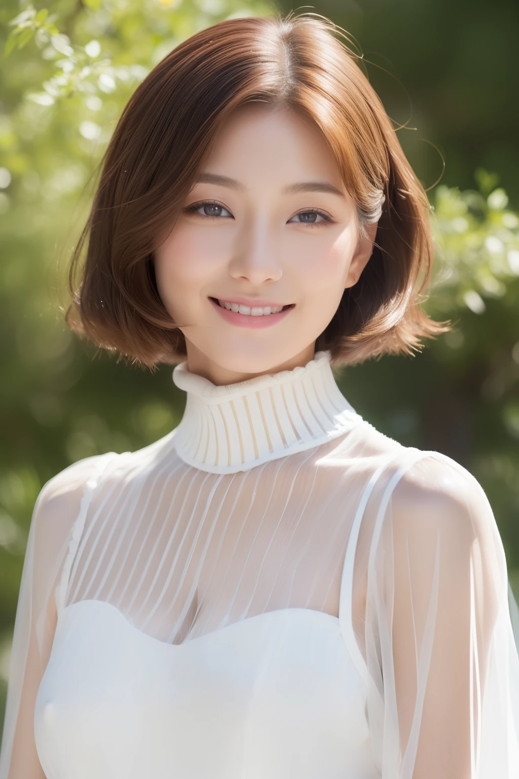 ((top-quality、8K、masterpiece:1.3))、Photoreality(1.4))、Raw photo、single woman、ligh brown hair、short-hair、Super delicate facial Japan、Delicat eyes、二重まぶた、lightsmile、Black high neck、JINS、frosted glass