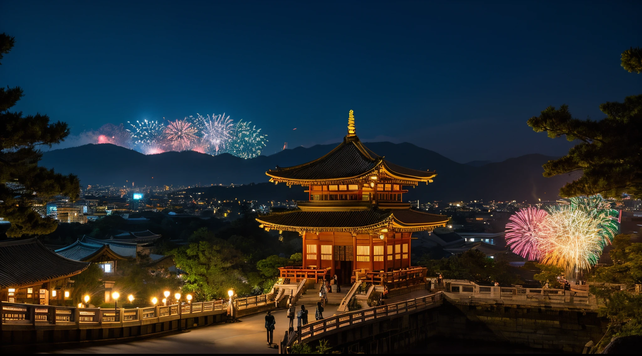 Capture a breathtaking high-quality night scene of Kyoto, focusing on the majestic Kiyomizu-dera Temple with a vibrant fireworks display in the background. The image should be in photorealistic style, highly detailed, and high-resolution 16k, without any text to distract from the visual splendor. Use a Leica SL2 camera for its unparalleled image quality and detail, paired with a Leica APO-Summicron-SL 50mm f/2 ASPH lens to capture the sharpness and clarity of the temple's architecture against the dynamic fireworks. The lighting should be a mix of the ambient, soft glow from the temple's lanterns and the bright, colorful bursts of the fireworks, creating a contrast that highlights the temple's timeless beauty against the modern spectacle. The color palette should include the deep blues and blacks of the night sky, the warm, golden tones of the temple, and the vivid, multicolored fireworks. The composition should be a wide shot, capturing the full grandeur of the temple in the foreground with the fireworks as a dramatic backdrop. Settings: ISO 2000, shutter speed 1/40, aperture f/2.8, to ensure clarity and depth in the low light setting --ar 16:9 --v 5.1 --style raw --q 2 --s 750.
