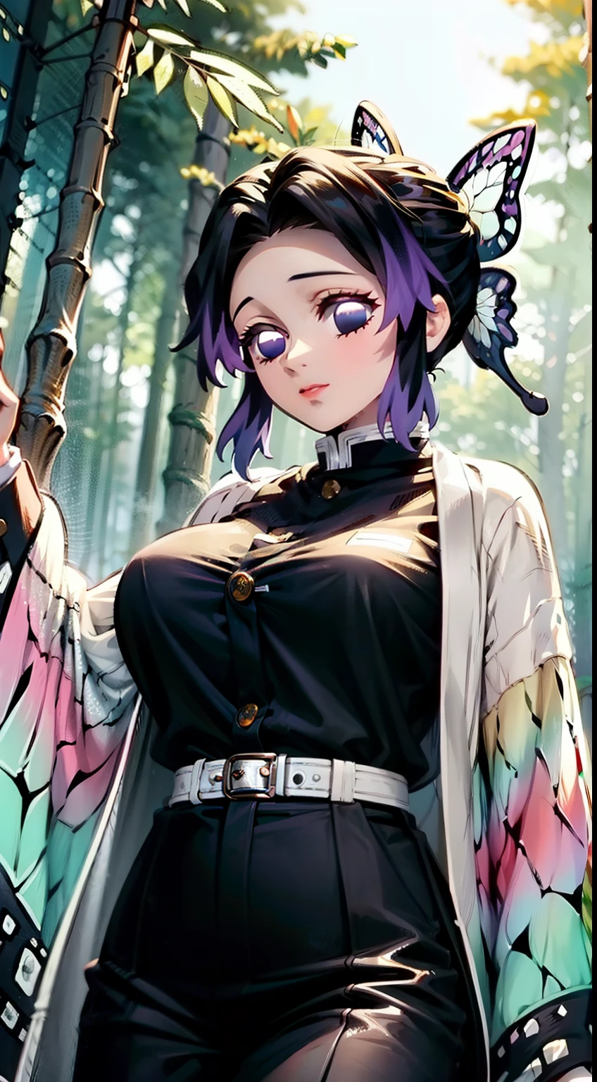 Masterpiece, Best Quality, hight resolution, 1girl, 独奏, Kocho Shinobi, Master Parts, beste-Qualit, supreme, 1girll, In the bamboo forest，There is a huge bright moon in the background, Kochou Shinobu, butterfly hair jewelry, violet eyes, multi-colored hair, Short hair, Separate lane, haori, White Japanese cape, Longer sleeves, black pantsuit, black jacket, belt, Character looking at camera，Decorating your hair with a butterfly, violet eyes, multi-colored hair, Short hair, Parted bangs, Black pants, black jacket, long sleeves, belt, Cowboy shot, in the woods, Looking at the starry sky, Close your mouth, Night with countless stars, the Milky Way