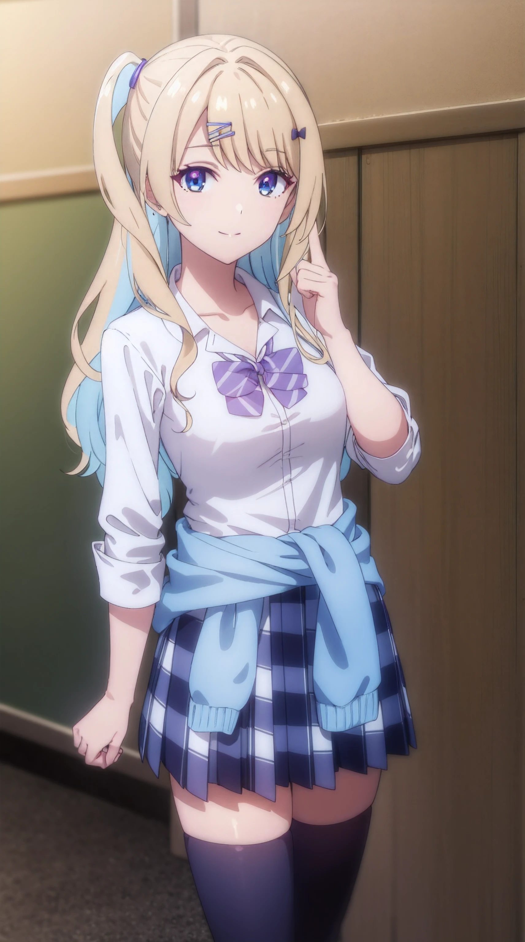 lunashirakawa, luna shirakawa, long hair, blue eyes, blonde hair, hair ornament, bow, multicolored hair, hairclip, smile,
BREAK skirt, shirt, thighhighs, bow, school uniform, white shirt, pleated skirt, shoes, black thighhighs, bowtie, blue skirt, plaid, plaid skirt, loafers, purple bow, clothes around waist, gyaru, purple bowtie,
BREAK looking at viewer,
BREAK indoors, classroom, (cowboy shot:1.5),
BREAK (masterpiece:1.2), best quality, high resolution, unity 8k wallpaper, (illustration:0.8), (beautiful detailed eyes:1.6), extremely detailed face, perfect lighting, extremely detailed CG, (perfect hands, perfect anatomy),