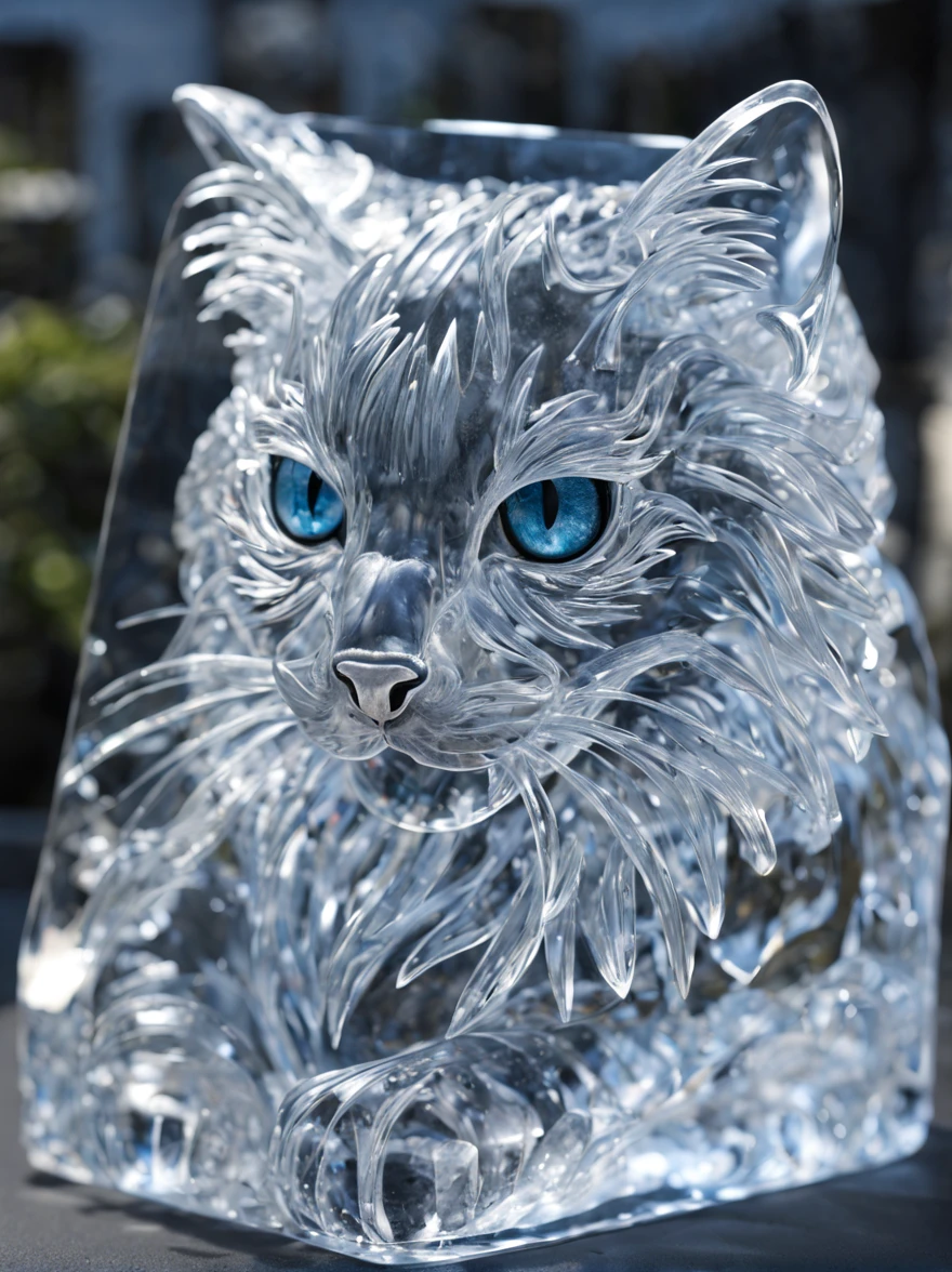 beautiful cat made of ice,,((All transparent),Transparent eyes, Hyper-realistic, transparent crystal jelly, icy, extremely detailed and lifelike, designs, acrylic, transparent plastic,all displayed , side glance, Intricate details, Beautiful,all displayed, Detailed, Frost,Fantasia,​masterpiece,eyes made of ice,nose made of ice,face made of ice,sitting on,Oblique side view