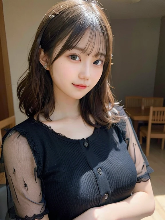 portrait of a japanese teen,(Best Quality,4K,8K,hight resolution,masutepiece:1.2),Ultra-detailed,(Realistic,Photorealistic,Photorealsitic:1.37),cute-style,Dribbling High Detail 8K,Studio Lighting - V 6, Fastening hair with hairpins, Black sheer clothes,bra very, Big piercings,Random Faces, Random curly hair, bangss, bare-legged,A slight smil