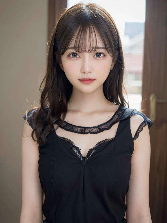 portrait of a japanese ,(Best Quality,4K,8K,hight resolution,masutepiece:1.2),Ultra-detailed,(Realistic,Photorealistic,Photorealsitic:1.37),cute-style,Dribbling High Detail 8K,Studio Lighting - V 6, Fastening hair with hairpins, Black sheer clothes,bra very, Big piercings,Random Faces, Random curly hair, bangss, bare-legged,A slight smil