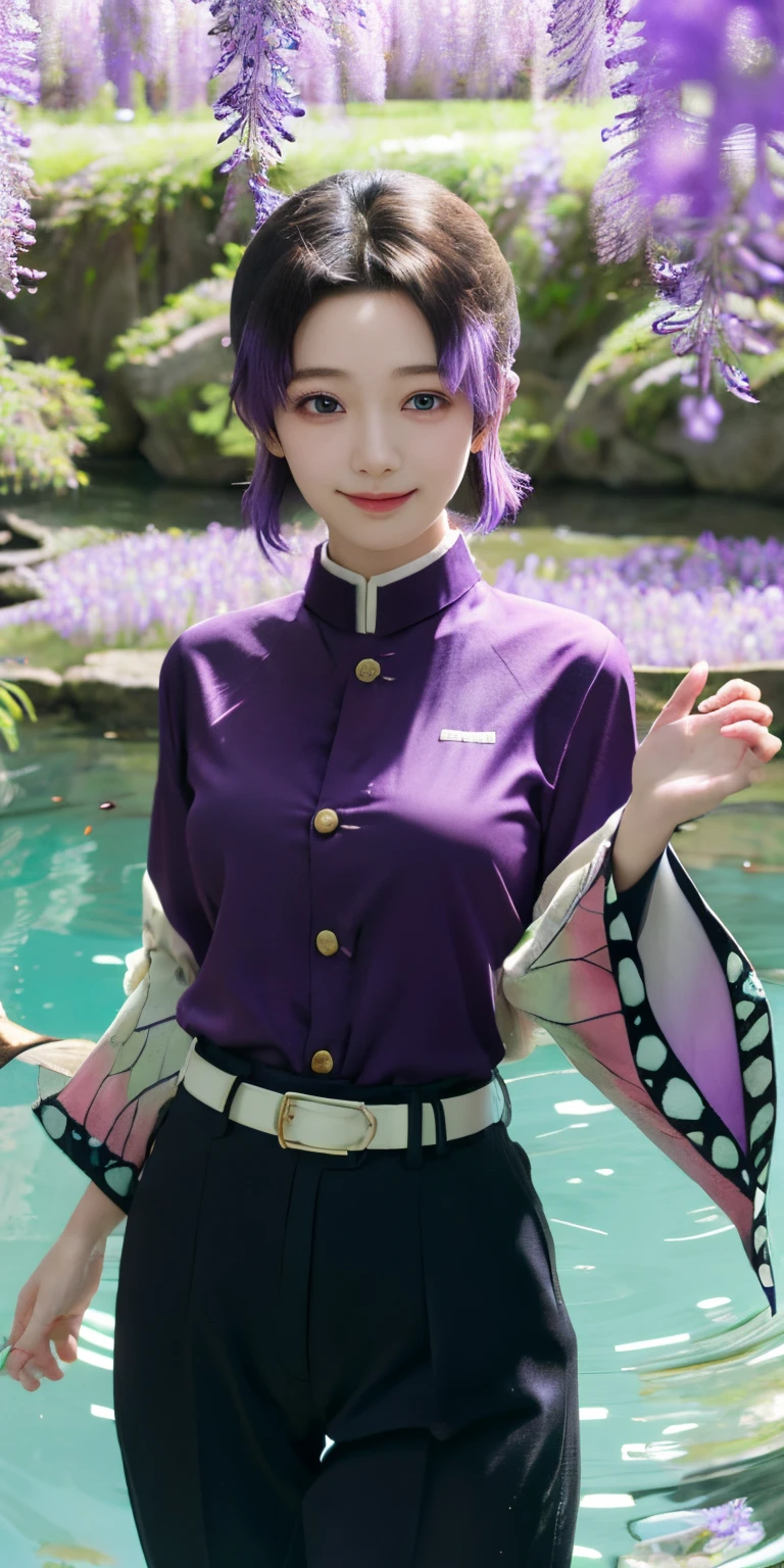 masterpiece, best quality, ultra-detailed, 1girl, solo, kochou shinobu, multicolored hair, no bangs, hair intakes, purple eyes, forehead, wisteria, black shirt, black pants, haori, butterfly, standing waist-deep in the crystal clear water of a tranquil pond, peaceful expression, surrounded by lush green foliage and wildflowers, falling petals, falling leaves, large breasts, cowboy shot, buttons, belt, light smile,