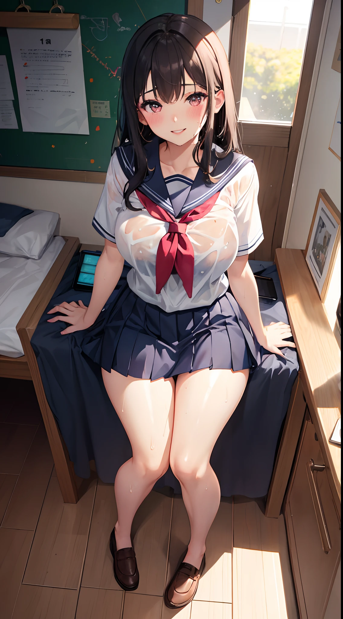 1girl in, Parted lips, blush, makeup, lightsmile, School uniform, Full body, Wide Angle, From above, crass room, llight rays, Glow, thighs thighs thighs thighs, 鎖骨, Narrow waist, (masutepiece), Wallpaper,Wet clothes