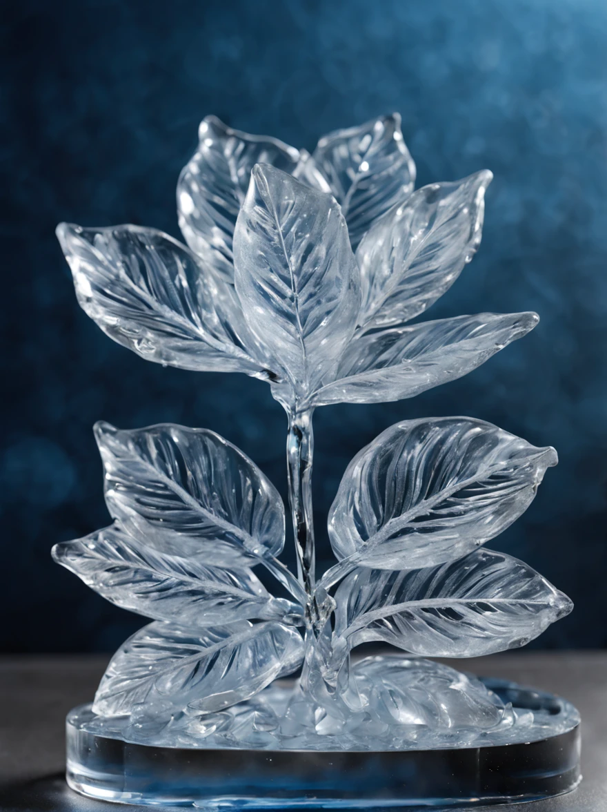 transparent flower made of ice,all the ice,,((cleanness)), Beautiful fece,photoRealstic, transparent crystal jelly, icy, extremely detailed and lifelike, Design, acrylic, transparent plastic,all displayed , side glance, Intricate details, Beautiful,((cleanness)),,optic, all displayed, Detailed, Frost,Fantasia,masterpiece,petals made of ice,leaves made of ice,