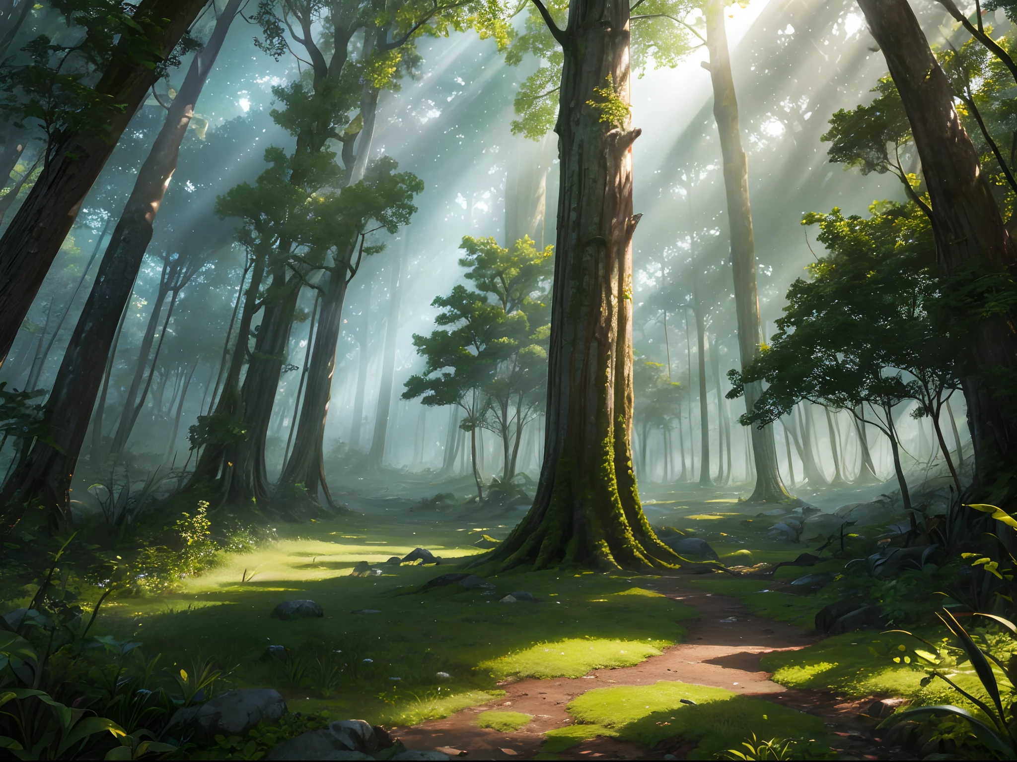 photorealistic image of an ancient forest where the trees seem to reach the sky. The leaves should be so detailed that every single one is distinguishable, and sunlight filters through the dense canopy.