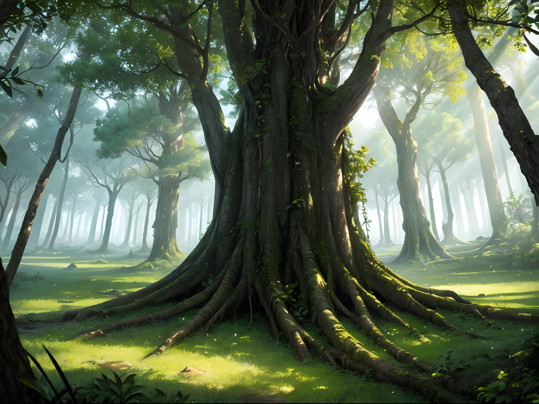 photorealistic image of an ancient forest where the trees seem to reach the sky. The leaves should be so detailed that every single one is distinguishable, and sunlight filters through the dense canopy.