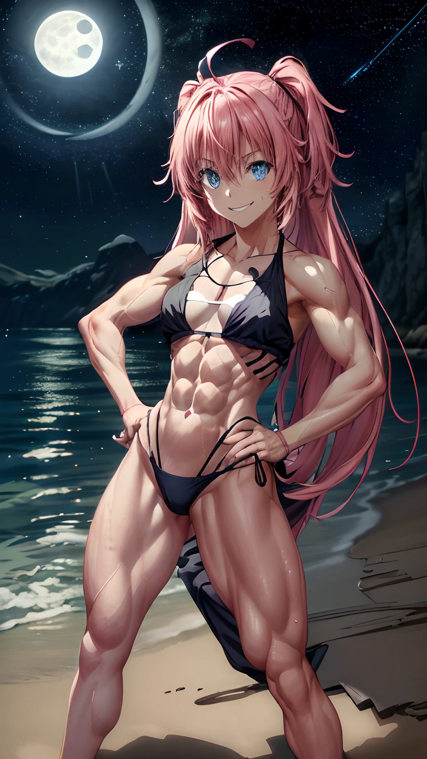 ((female)), (mischievous smile), showing teeth, dams, ((ripped abs)), toned arms and legs, medium breasts, excessive sweating, (((on the beach at night with starry sky and full moon in the sky ))), (((Bright blue eyes))), barefoot, ((( with hands on hips))), ((wearing only a thong)), Double tails, pink hair, long hair, shiny hair, (full body shot), (standing), eye reflection, glowing eyes, anime, anime style, cinematic lighting, motion blur, glare, JPEG artifacts, glowing light, god rays, ray tracing, reflection light , backlighting, drop shadow, panorama, Sony FE, Udisk, master piece, ccurate, anatomically correct, best quality, Super Detail, High, hard disk, 16k
