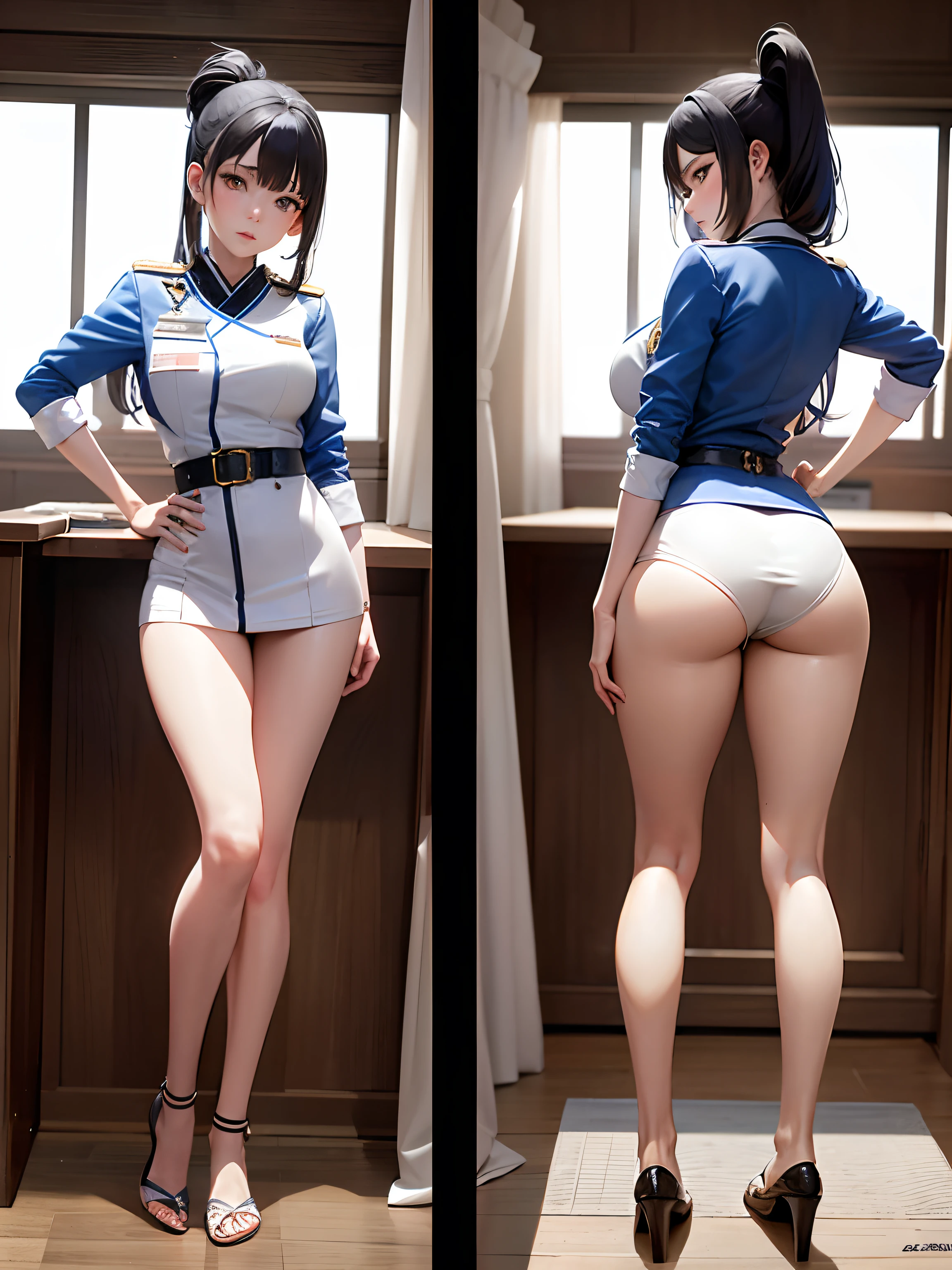 There are two photos of a woman in uniform posing for a photo, front side and back, front and side views, looking from side and bottom!, Bottom Angle, good hips and long legs, sakimichan hdri, Japanese Models, lit from behind, long thin legs, (SFW) safe for work, Front and back view, top and side view, Long legs