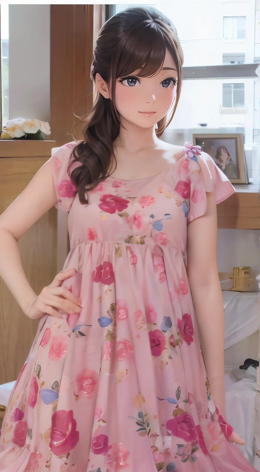 A close up of a woman in a pink dress standing on a bed - SeaArt AI