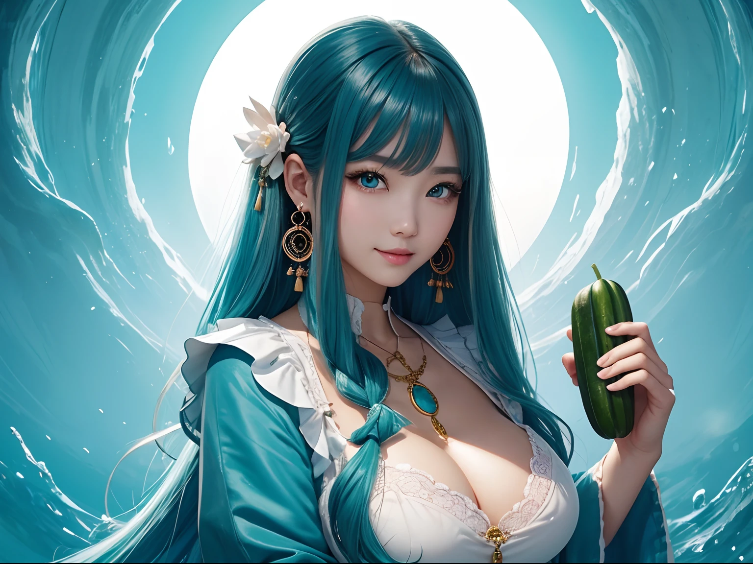 tmasterpiece, Best quality at best, ultra - detailed, illustratio,(1个Giant Breast Girl),美丽细致的眼睛, looking at viewert, (Holding a long cucumber), Happy, (Turquoise colored hair:1), (blue round eyes:1), (Circle earrings), (Turquoise large gemstone necklace), adorable round face, long whitr hair, ssmile, fantasy chinese server