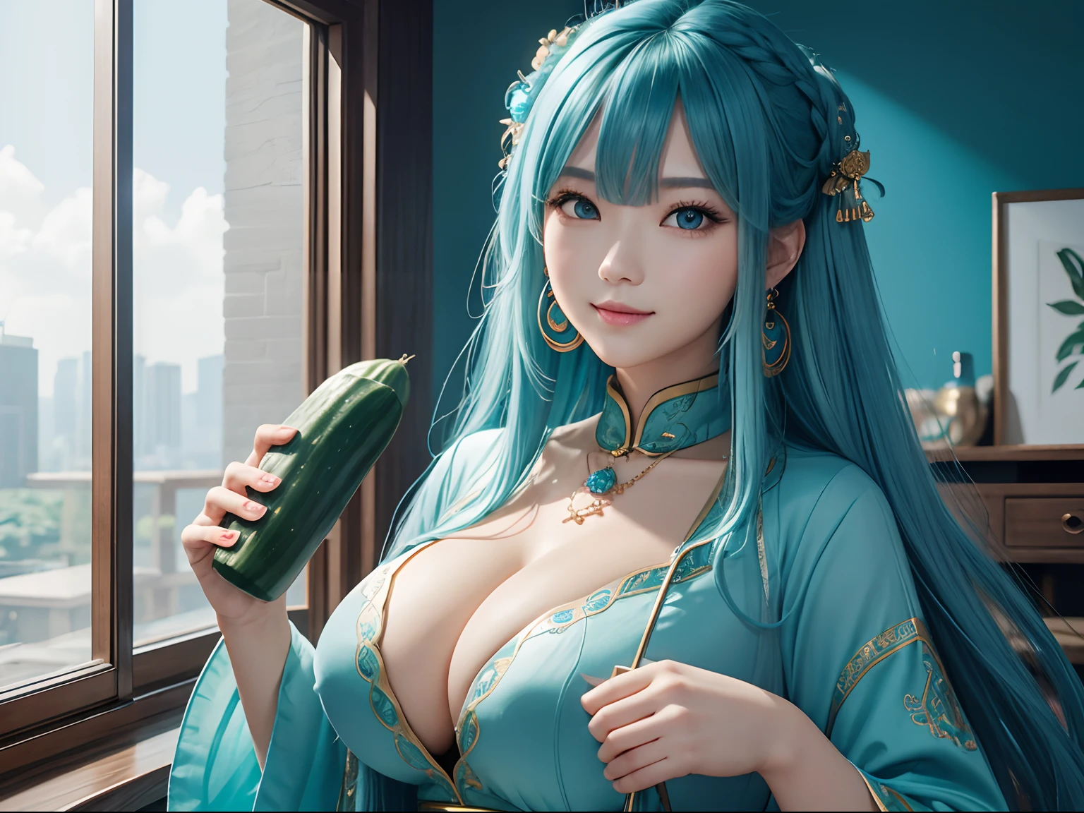 tmasterpiece, Best quality at best, ultra - detailed, illustratio,(1个Giant Breast Girl),美丽细致的眼睛, looking at viewert, (Holding a long cucumber), Happy, (Turquoise colored hair:1), (blue round eyes:1), (Circle earrings), (Turquoise large gemstone necklace), adorable round face, long whitr hair, ssmile, fantasy chinese server