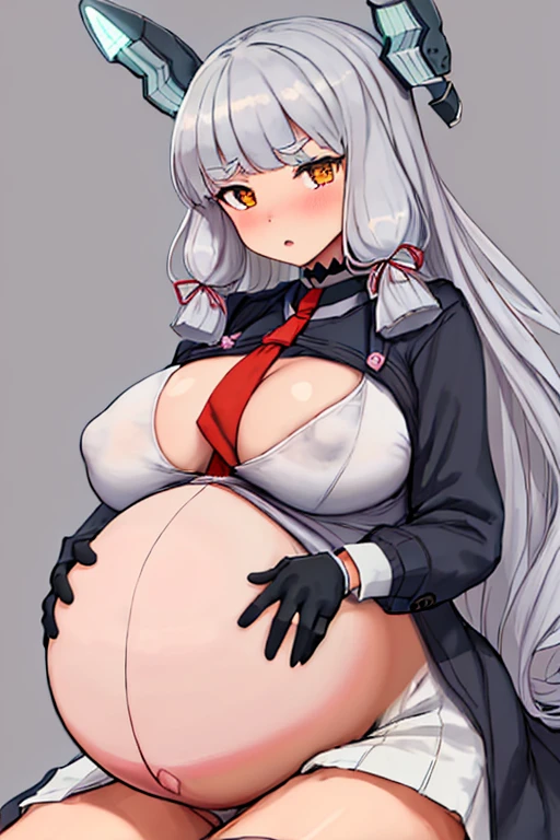 best quality, masterpiece, highres, solo, {murakumo_kantaicollection:1.15}, long_hair, hair_ribbon, ribbon, headgear, bangs, grey_hair, sidelocks, blunt_bangs, tress_ribbon, orange_eyes, necktie, blush, 1girl, gloves, looking_at_viewer, sailor_dress, school_uniform, serafuku, black_gloves, fingerless_gloves, dress, twitter_username, (Beautiful,large_Breasts:1.8), big breasts, large breasts, (big breasts:1.7), (huge big breasts:1.6), masterpiece),best quality, expressive eyes, perfect face, 1girl, big breast, H-cup, good breast, beautiful, gorgeous,anime,girl,lora, nipple visible though clothes,ph, big belly, huge belly, hyper pregnant, (hyper pregnant:1.8), large belly, vore, (vore:1.6), (barriga perfecta), (big belly:1.7), (pregnant:1.6), (Manos perfectas, Perfect anatomy), (barriga con forma humana), extremely detailed CG, (perfect hands, perfect anatomy),