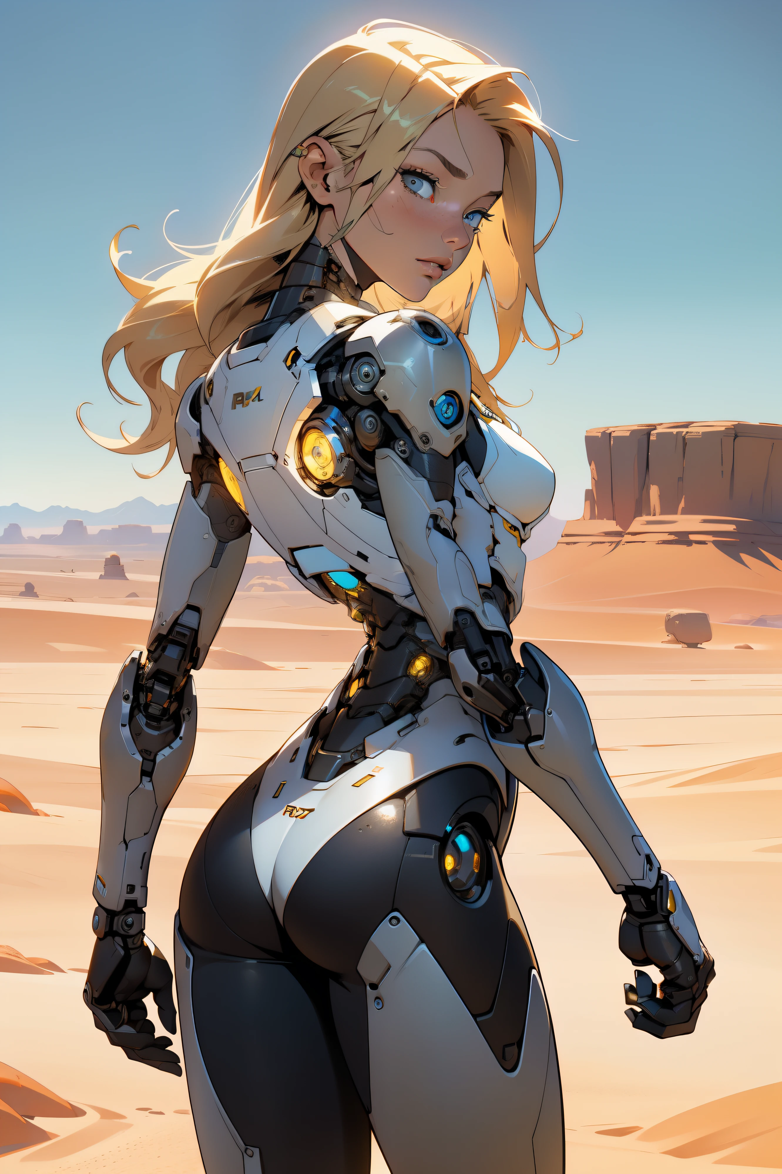 high quality, 4k, masterpiece, beautiful, cyborg girl, cowboy shot, dull eyes, back side, turning around to look at viewer, long blonde hair, girl, small breasts, fit thigh, robotic arms, robotic body, cyborg body, yellow accent, redaccent, intricate detail, joint, detailed lines, robotic detail, holding fist up, holding hand up as fist, color robotic parts, robotic parts with color, perfect fingers, on a desert planet, sunny background, colorful desert,