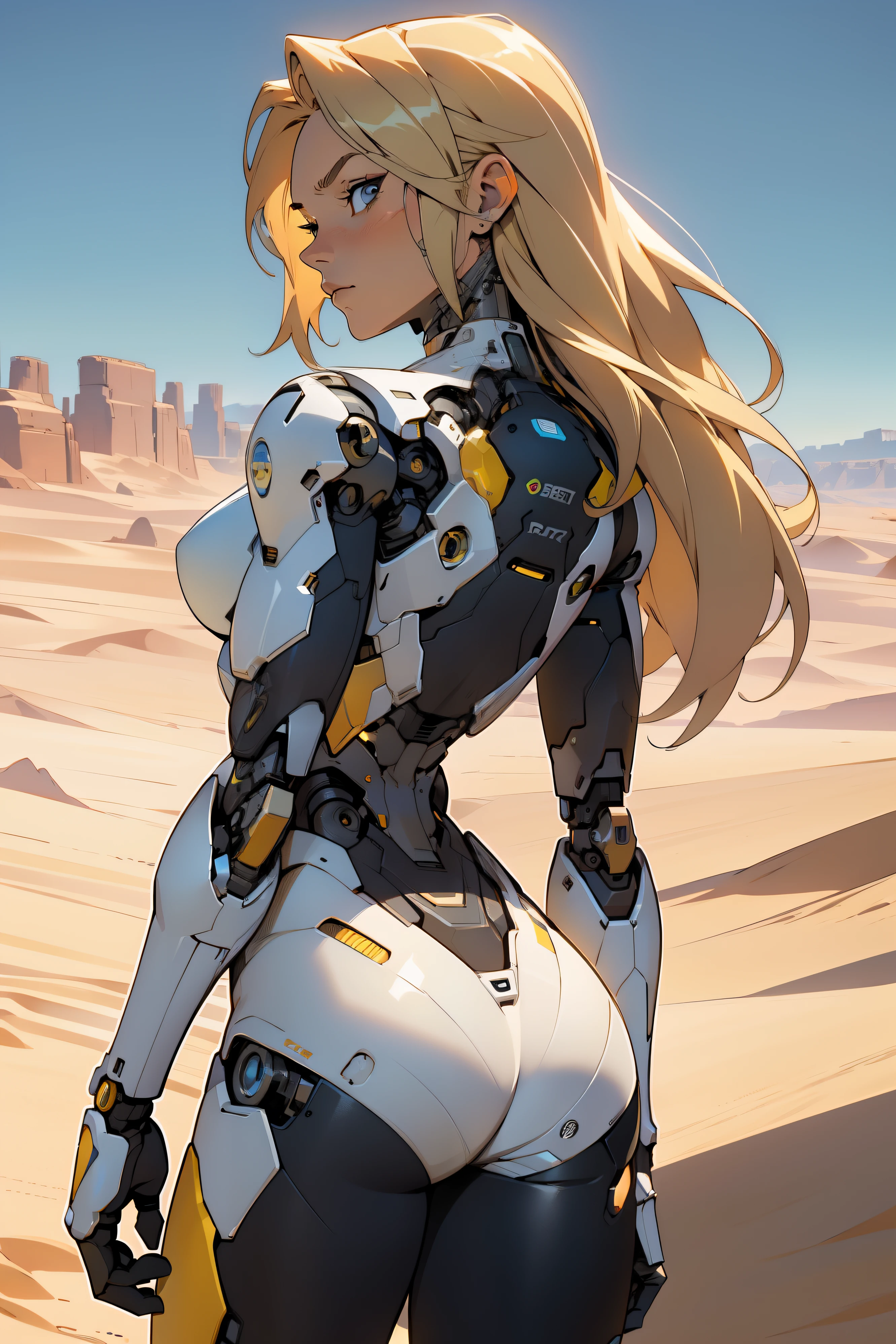 high quality, 4k, masterpiece, beautiful, cyborg girl, cowboy shot, dull eyes, back side, turning around to look at viewer, long blonde hair, girl, small breasts, fit thigh, robotic arms, robotic body, cyborg body, yellow accent, redaccent, intricate detail, joint, detailed lines, robotic detail, holding fist up, holding hand up as fist, color robotic parts, robotic parts with color, perfect fingers, on a desert planet, sunny background, colorful desert,